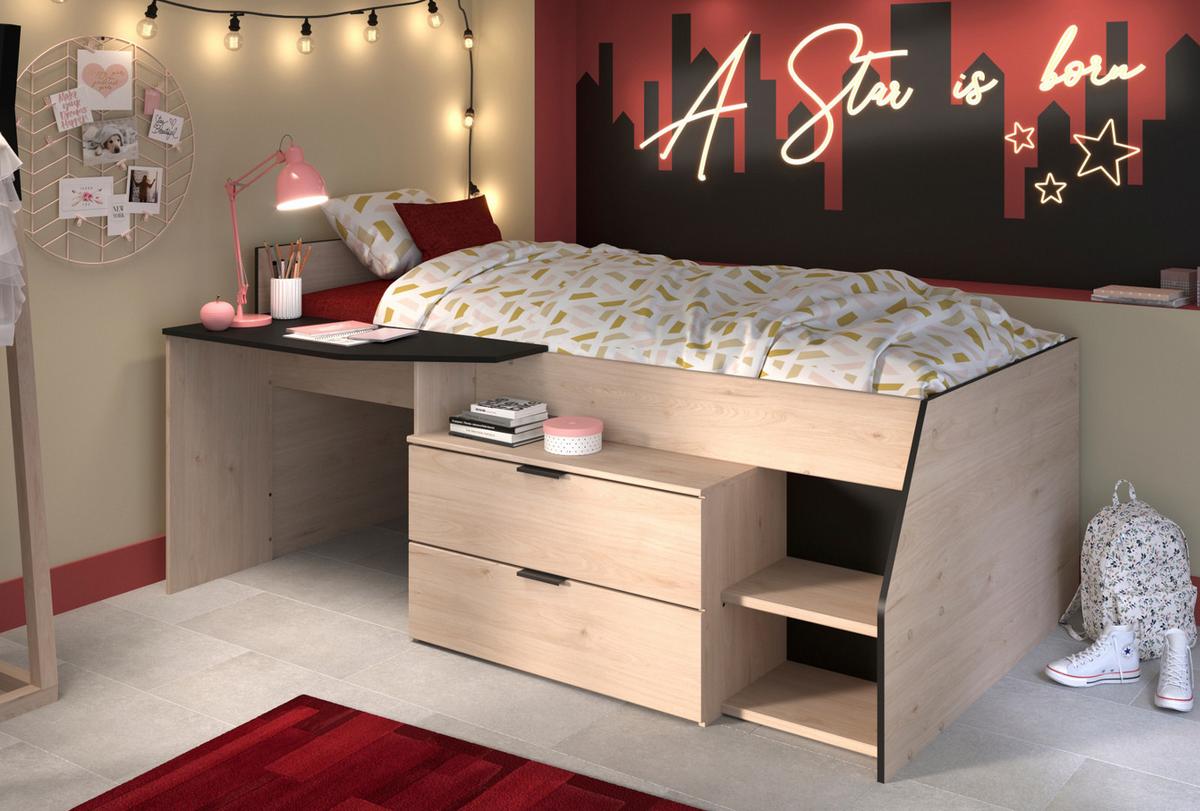 HOCHBETT Jugendzimmer Bett 90 x 200 cm 2x Schubkasten, Stauraum - Eichefarben/Schwarz, Holz/Holzwerkstoff (90/200cm) - Parisot Meuble