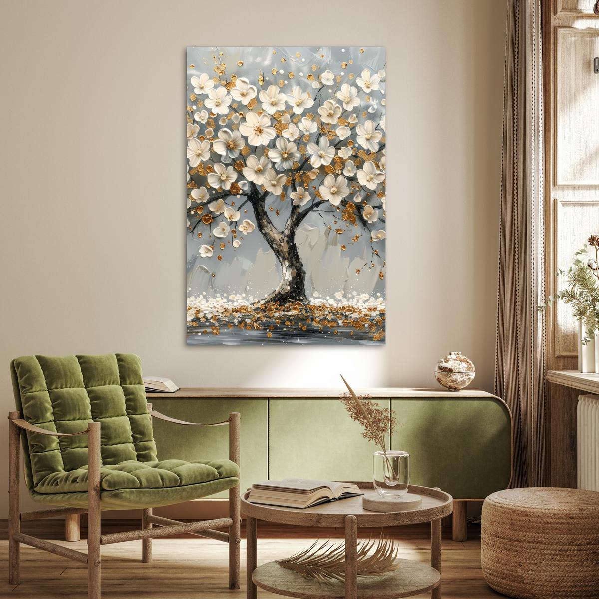 POSTER Baum - Blumen - Weiß - Natur - Kunst Wandbild Schlafzimmer 80x120 cm - Weiß, Papier (80/120/0.1cm) - MuchoWow