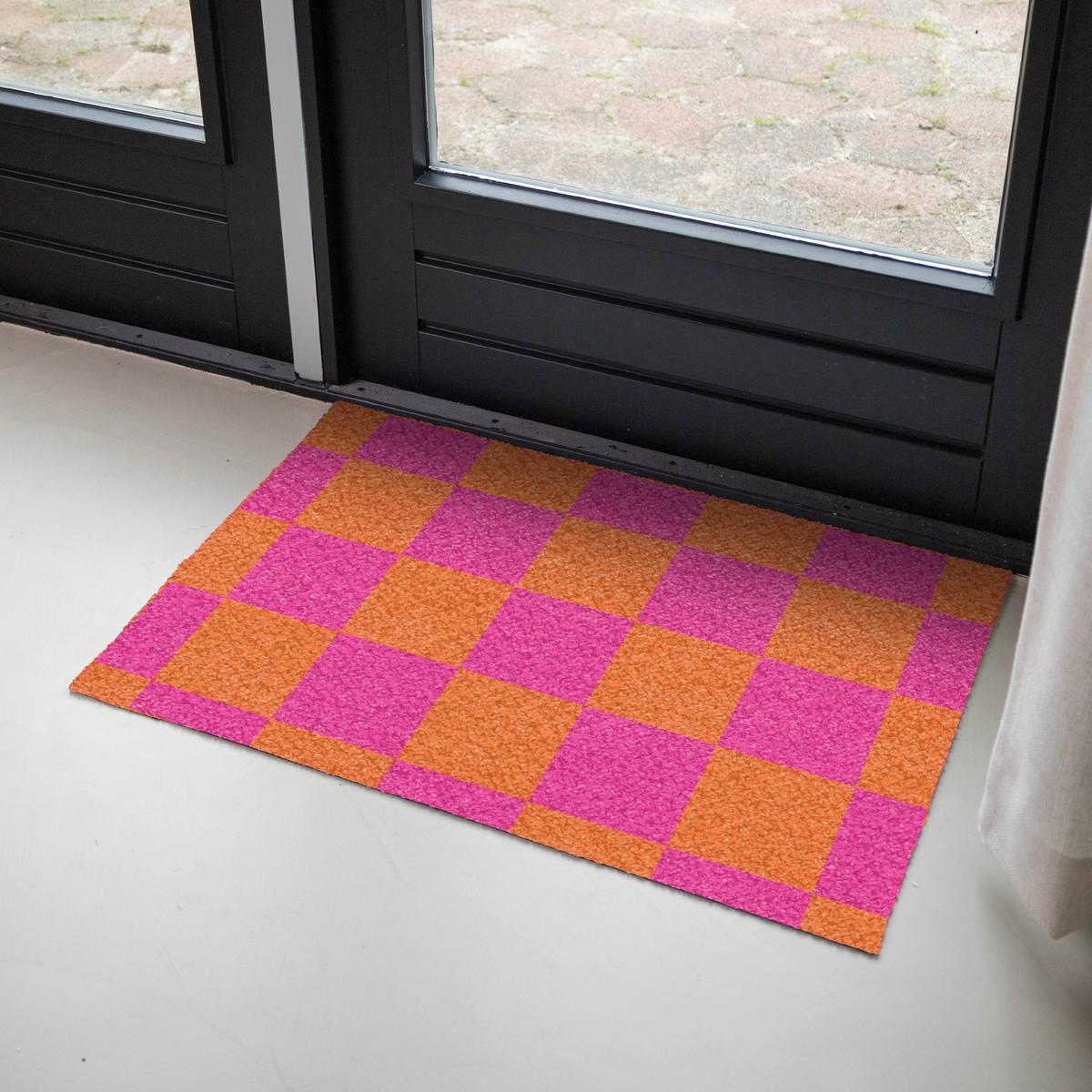 FUSSMATTE Schachbrettmuster - Orange - Rosa - Blöcke Schmutzfangmatte 90x60 cm - Pink, Kunststoff (90/0.4cm) - MuchoWow
