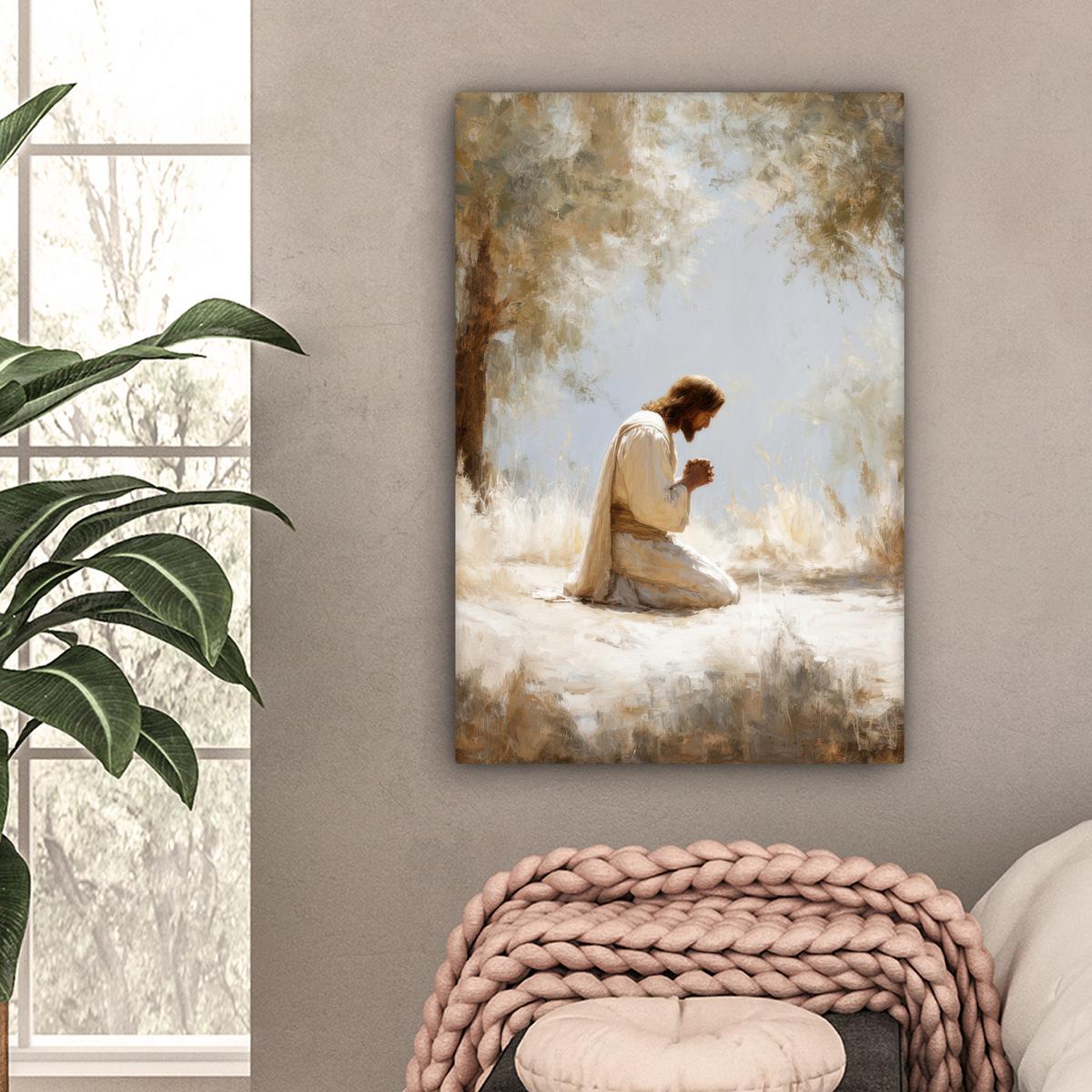 LEINWANDBILD Jesus - Kniend - Waldlandschaft - Betend Wanddeko 40x60 cm - Beige/Hellblau, Textil (40/60cm) - MuchoWow
