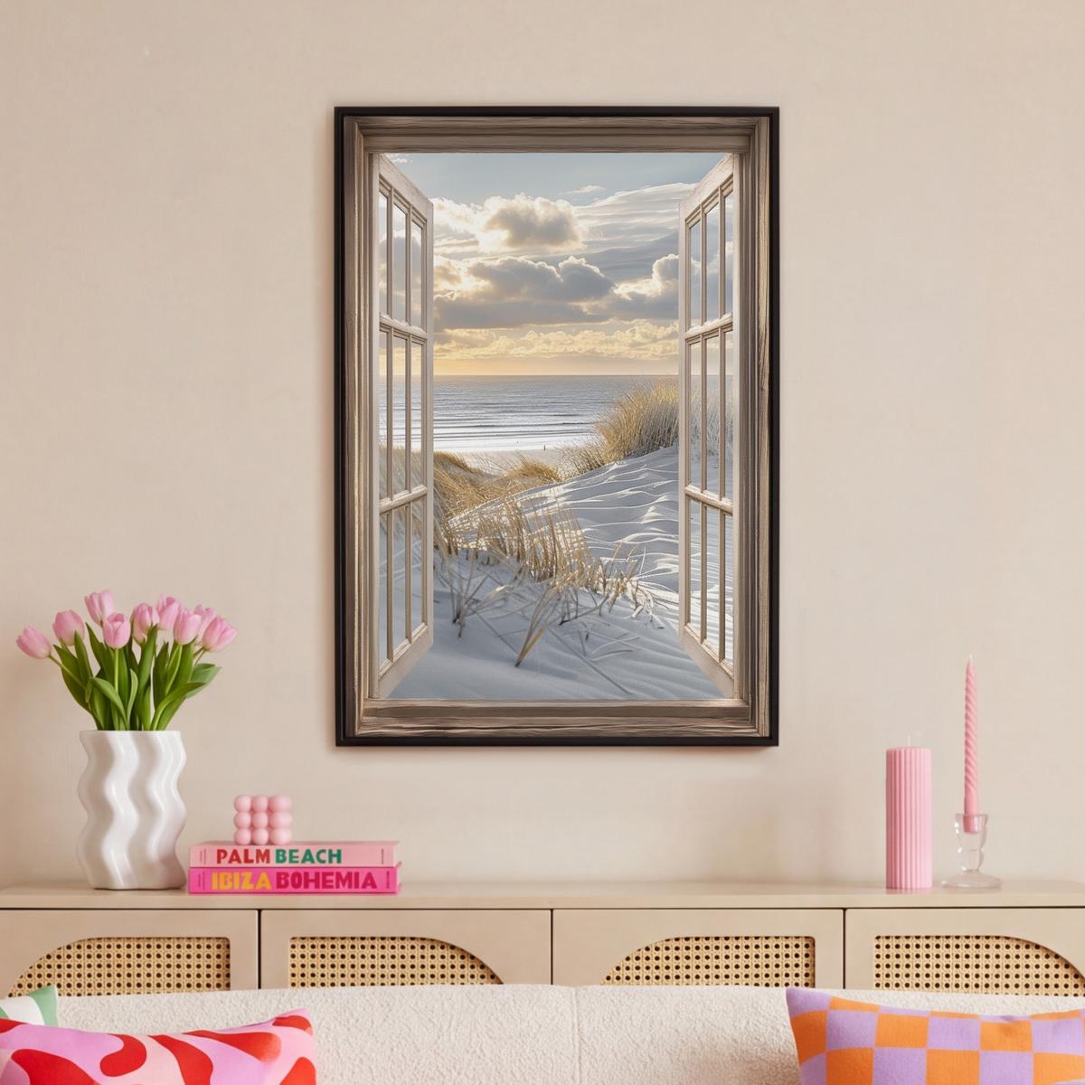 LEINWAND Bilder mit Rahmen - Ausblick - Strand - Dünen - Meer - Natur - 60x90 - Sandfarben, Textil (60/90cm) - MuchoWow