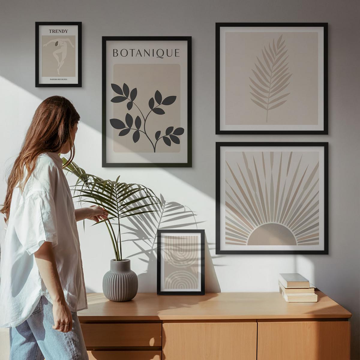 BILDER SET 5er Set - 50x50 cm & 20x30 cm & 40x60 cm Schwarzer Rahmen - Abstrakte Poster im Boho-Stil in Pastellfarben - Schwarz, Kunststoff (40/60cm) - TULUP
