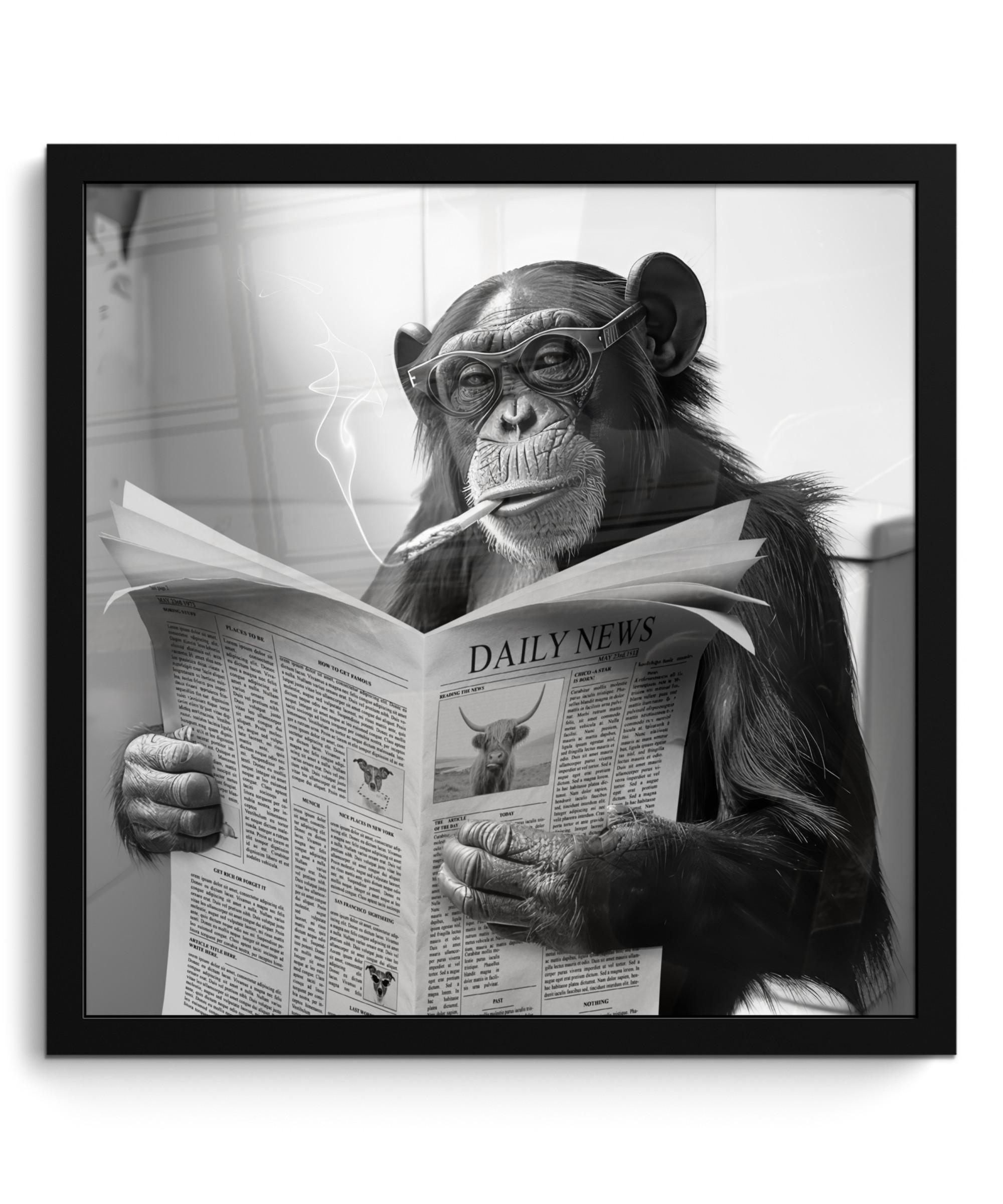 POSTER MIT RAHMEN Affe - WC - Zeitung - Schwarz-Weiß - Humor 40x40 cm - Hellgrau, Papier (40/40cm) - MuchoWow