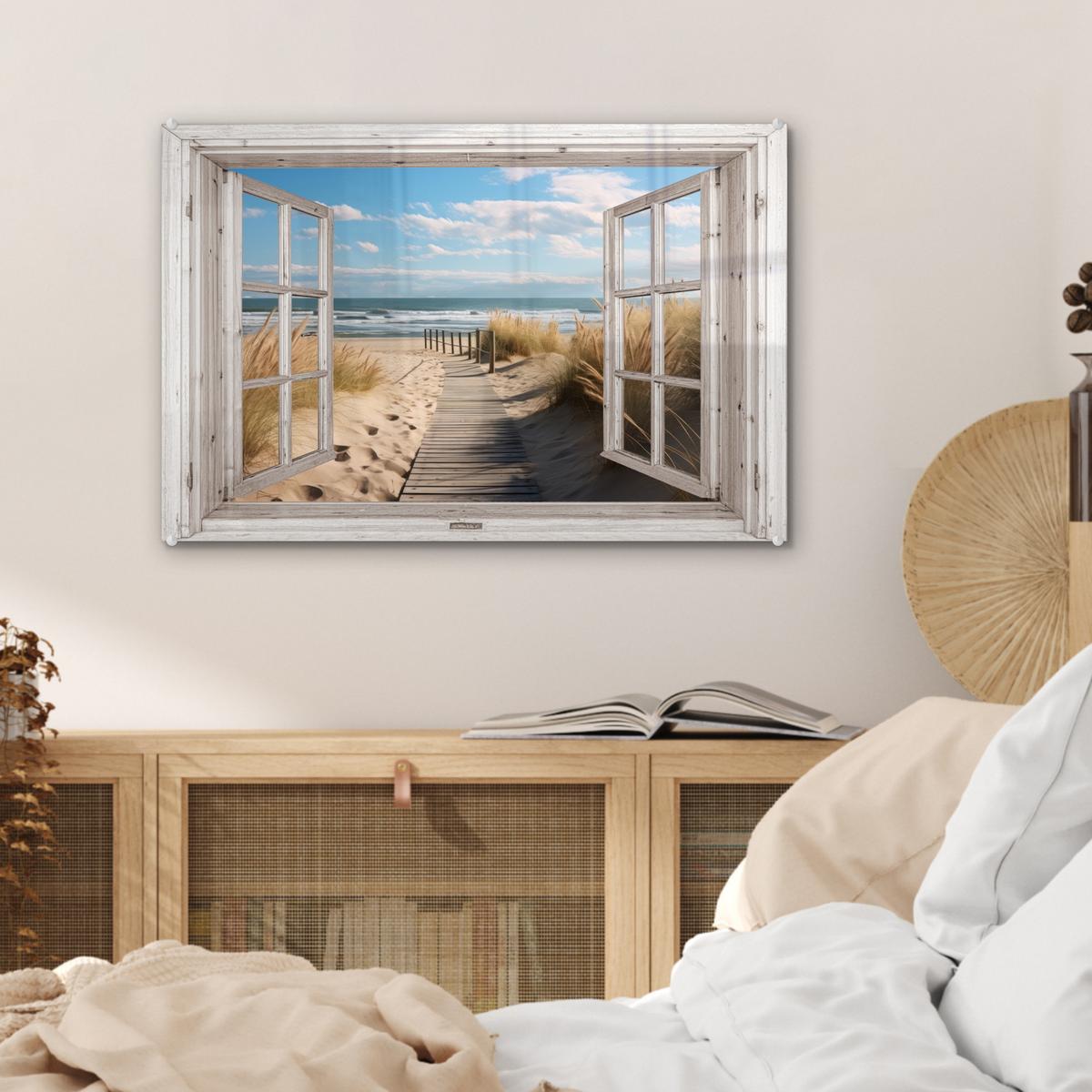 ACRYLGLASBILD Fenster - Meer - Küste - Natur - Ausblick - Strand - Wattenmeer Wanddeko 60x40 cm - Beige, Glas (60/40cm) - MuchoWow