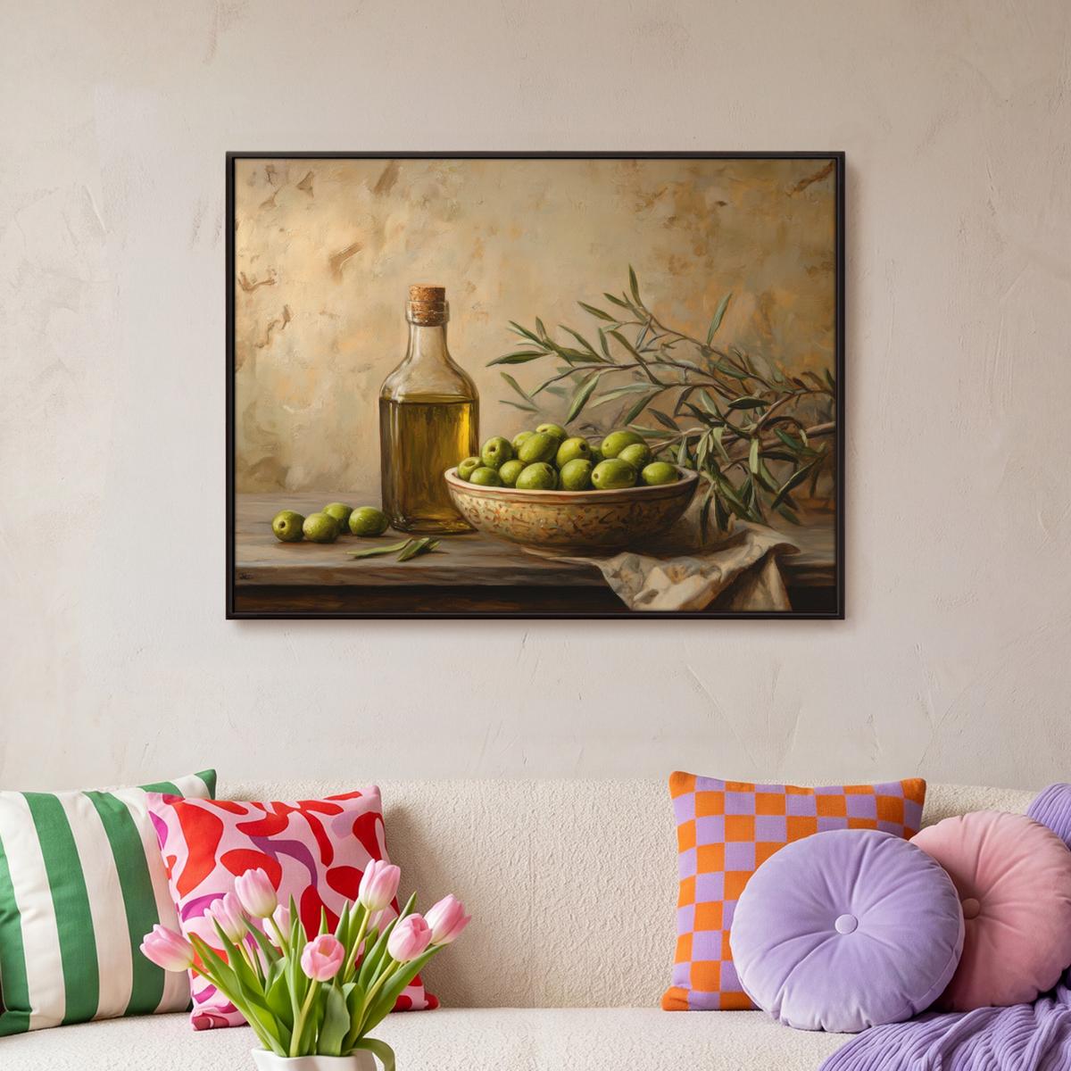 LEINWAND Bilder mit Rahmen - Oliven - Stilleben - Vintage - 80x60 - Olivgrün, Textil (80/60cm) - MuchoWow