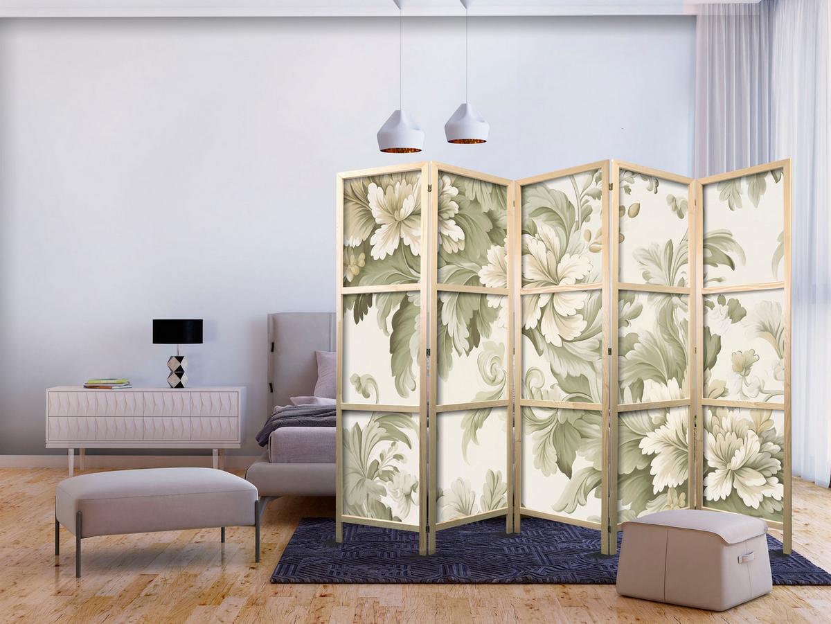 PARAVENT Japanischer 5-tlg 225x172 cm Vintage Pflanzen - Beige, Holz/Textil (225/172/3cm) - Muralo
