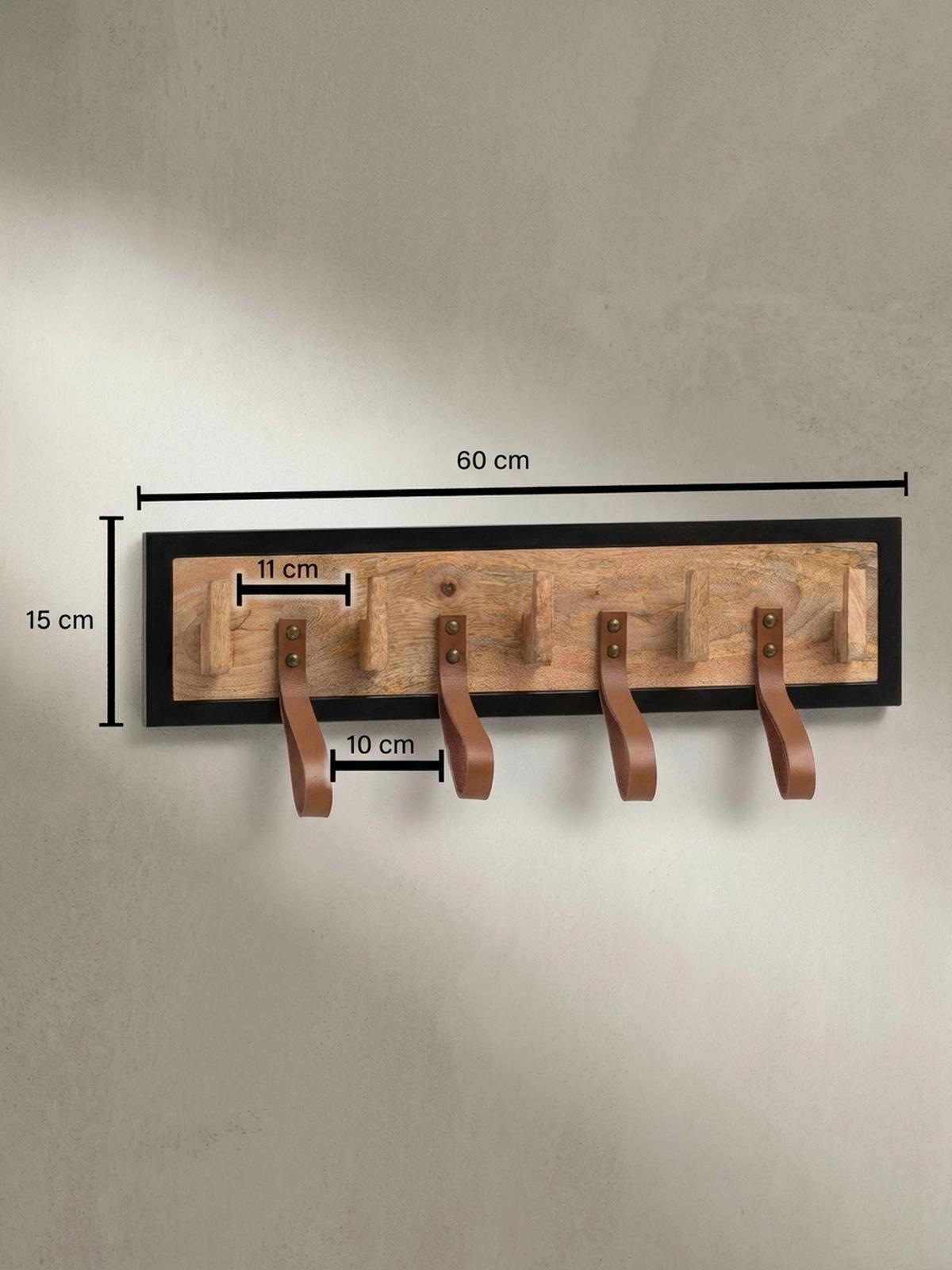 WANDGARDEROBE Mango Massivholz Echtleder Modern 60x15x6 cm mit Schlaufen - Braun, Leder (60/15/6cm) - KADIMA DESIGN