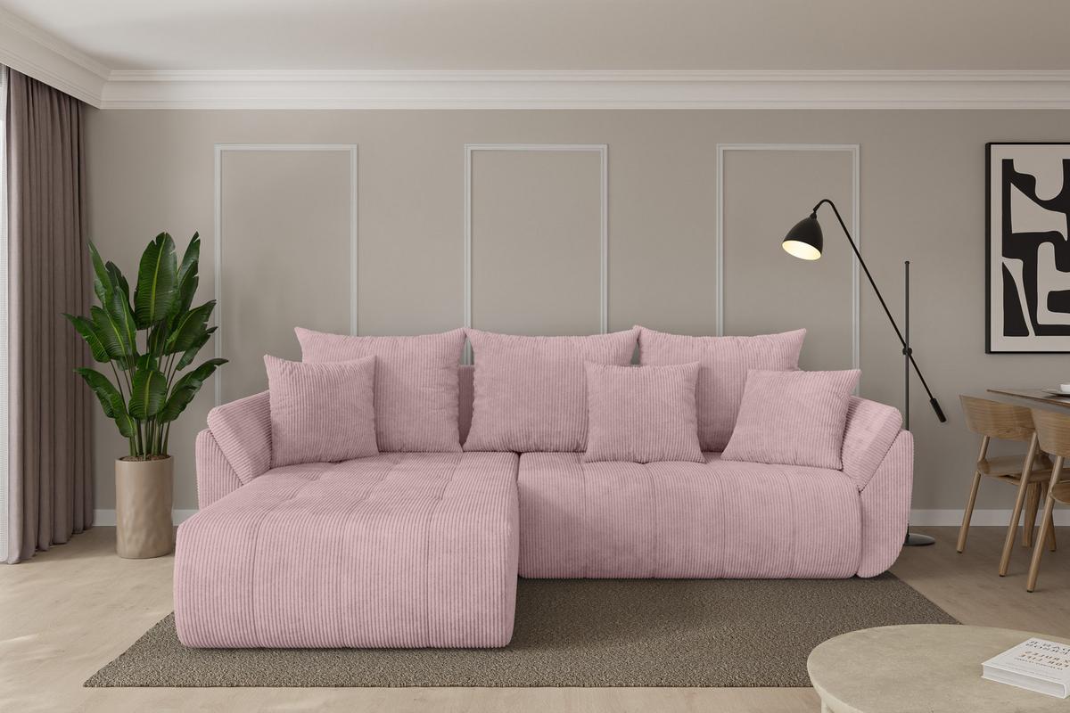 ECKSOFA mit Schlaffunktion Ottomane Links TOKO-L 277x194x86 Rosa Cord - Schwarz/Rosa, Holzwerkstoff/Kunststoff (277/194cm) - ALTDECOR