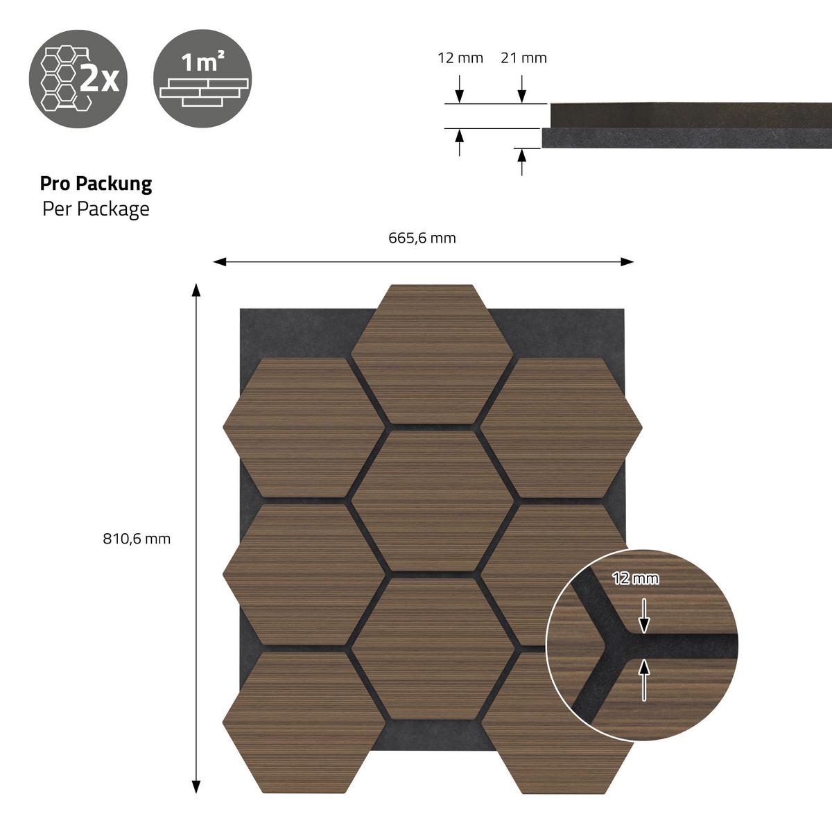 AKUSTIKPANEEL 2er Set Schallschutzplatten Hexagon Braun Holzoptik 66x81x2 cm aus Filz - Braun, Holzwerkstoff (2.1/81.1/66.6cm) - ML-DESIGN