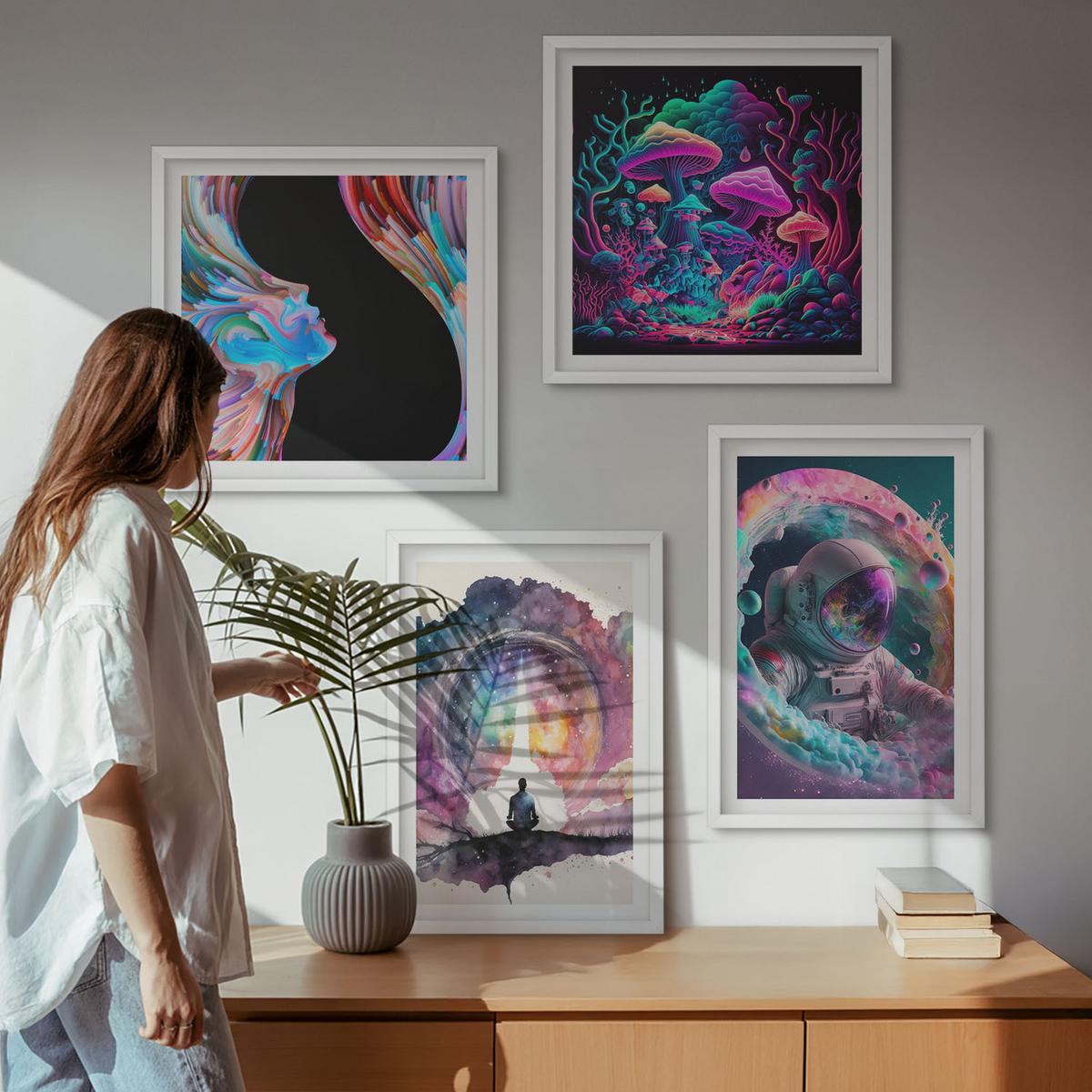 BILDER SET 4er Set - 50x50 cm & 40x60 cm Weißer Rahmen - Farbenfrohe Fantasy-Kunstillustrationen - Weiß, Kunststoff (50/50cm) - TULUP