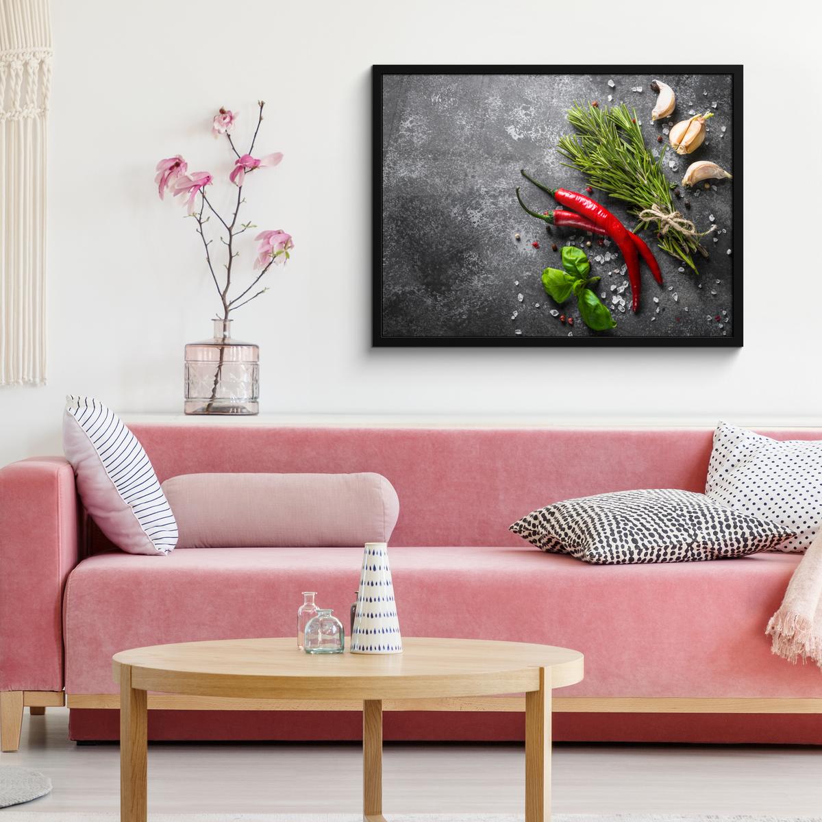 POSTER MIT RAHMENGERAHMTES BILD Pfeffer - Kräuter - Gewürze - Beton 80x60 cm - Dunkelgrau, Papier (80/60cm) - MuchoWow