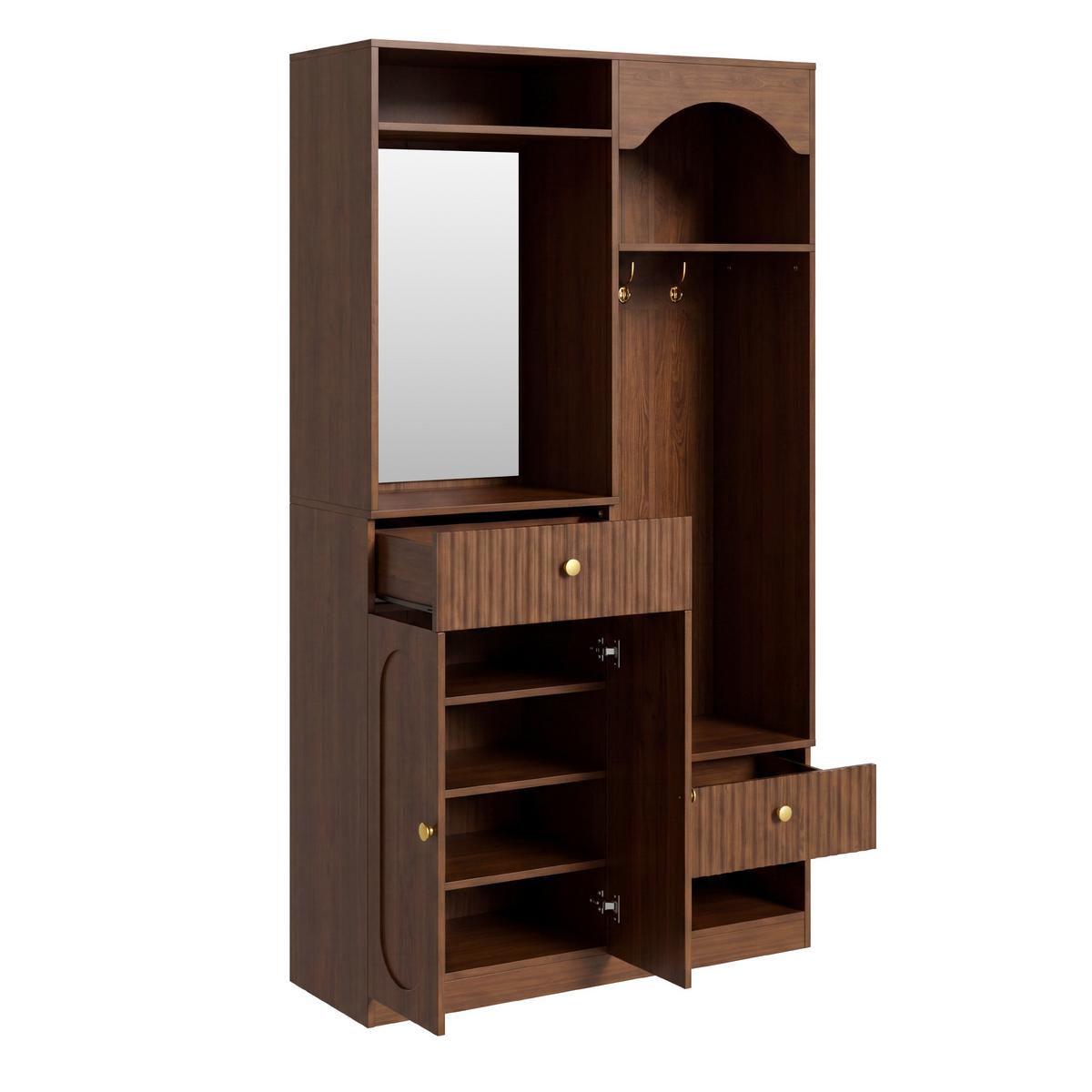 GARDEROBE 100cm Walnuss mit LED, Spiegel, Schuhschrank & Sitzbank - Walnussfarben, Holzwerkstoff (100/180/35cm) - Urban Meuble