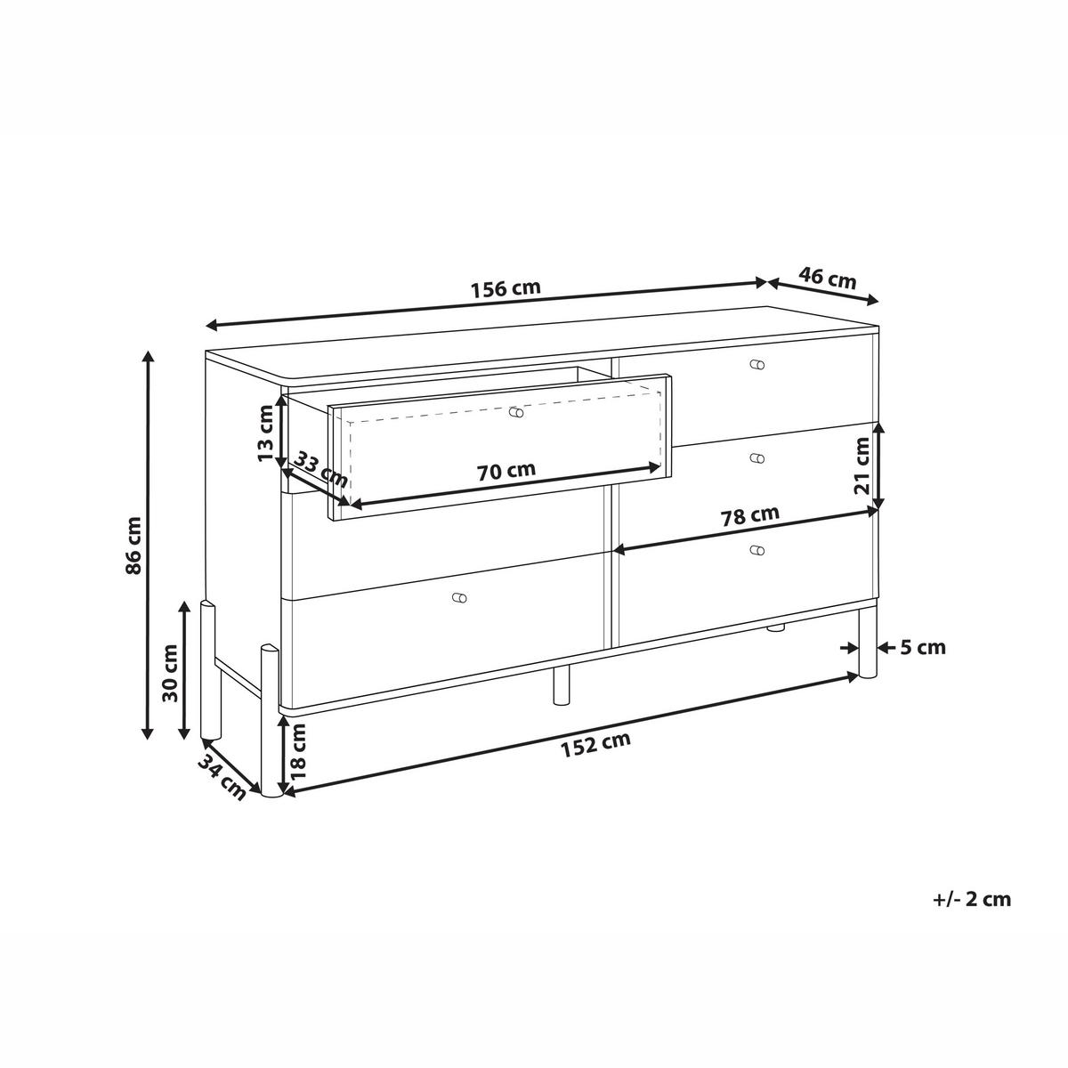 KOMMODE mit 6 Schubladen Hellbraun Collins - Hellbraun, Holzwerkstoff (156/86/46cm) - Beliani