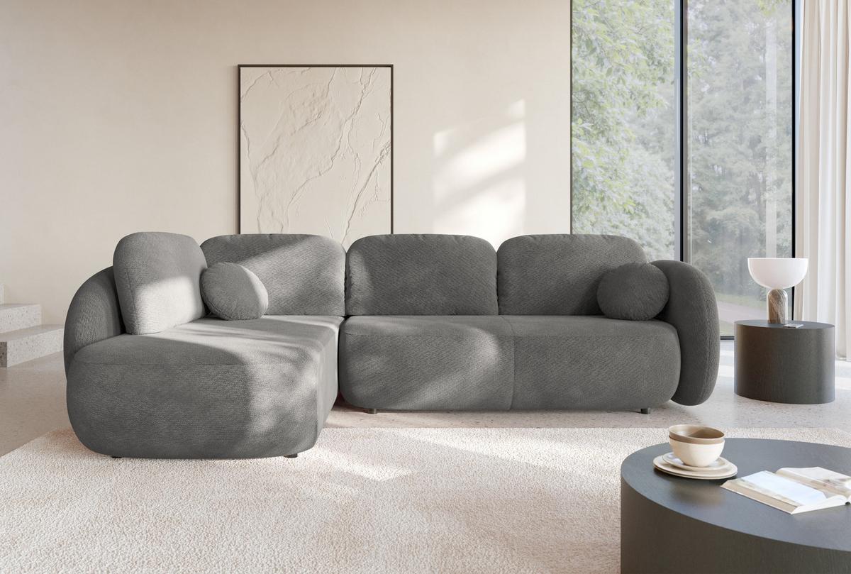 ECKSOFA AMICO II L-S Grau Geflochtener Stoff mit Schlaffunktion - Grau, Holz (289/190cm) - MASSENO