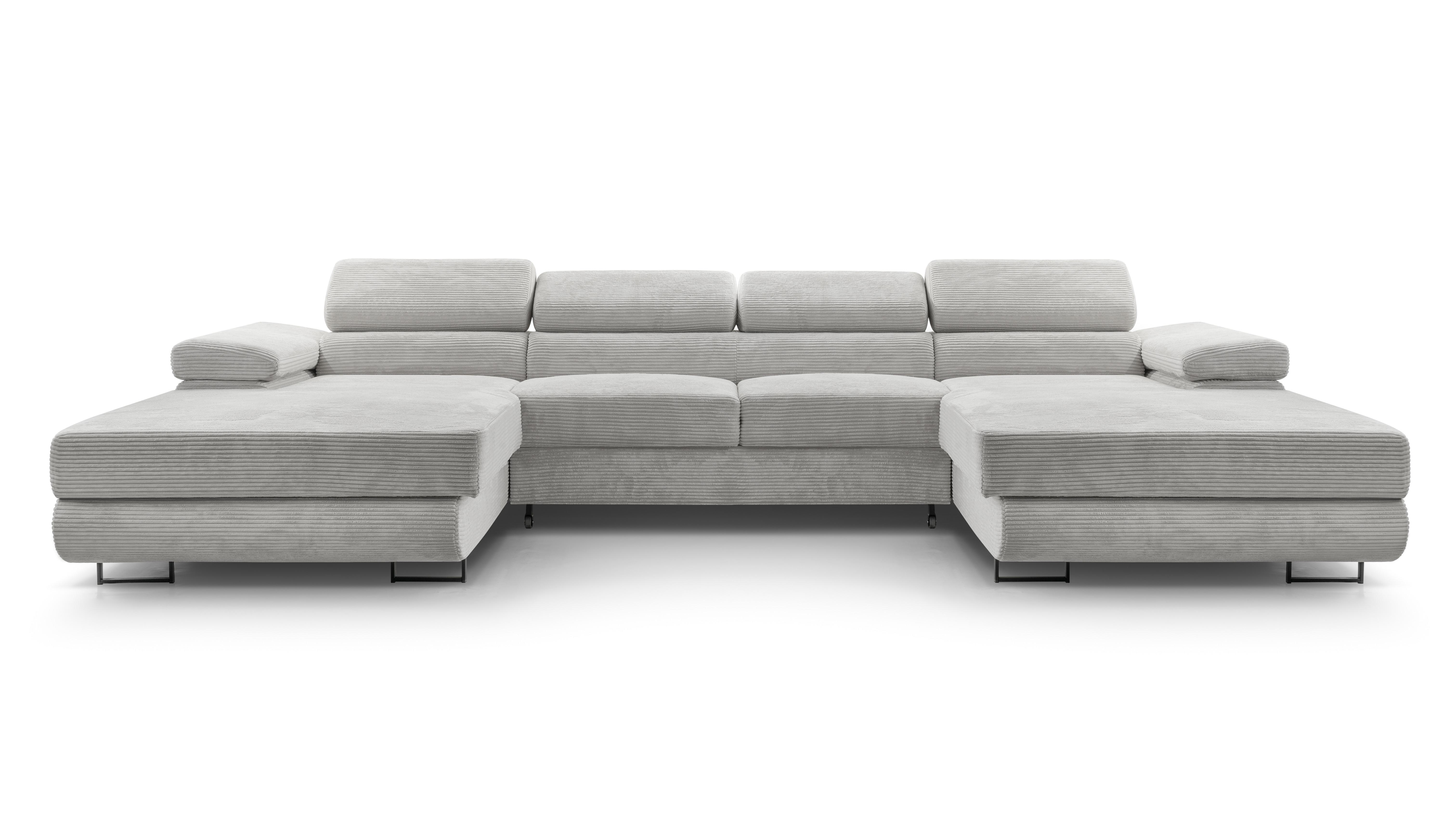 WOHNLANDSCHAFT GIULIO Grau Velours-Stoff mit Schlaffunktion - Grau, Holz (352/90/202cm) - MASSENO