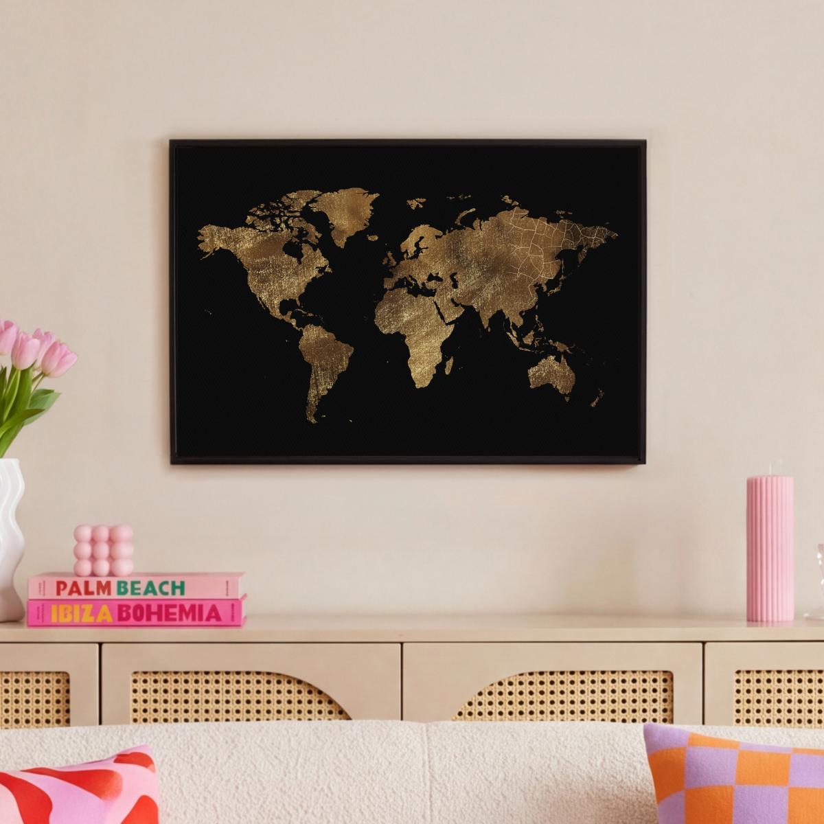 LEINWAND Bilder mit Rahmen - Weltkarte - Gold - Luxus - Erde - Schwarz - 60x40 - Goldfarben, Textil (60/40cm) - MuchoWow