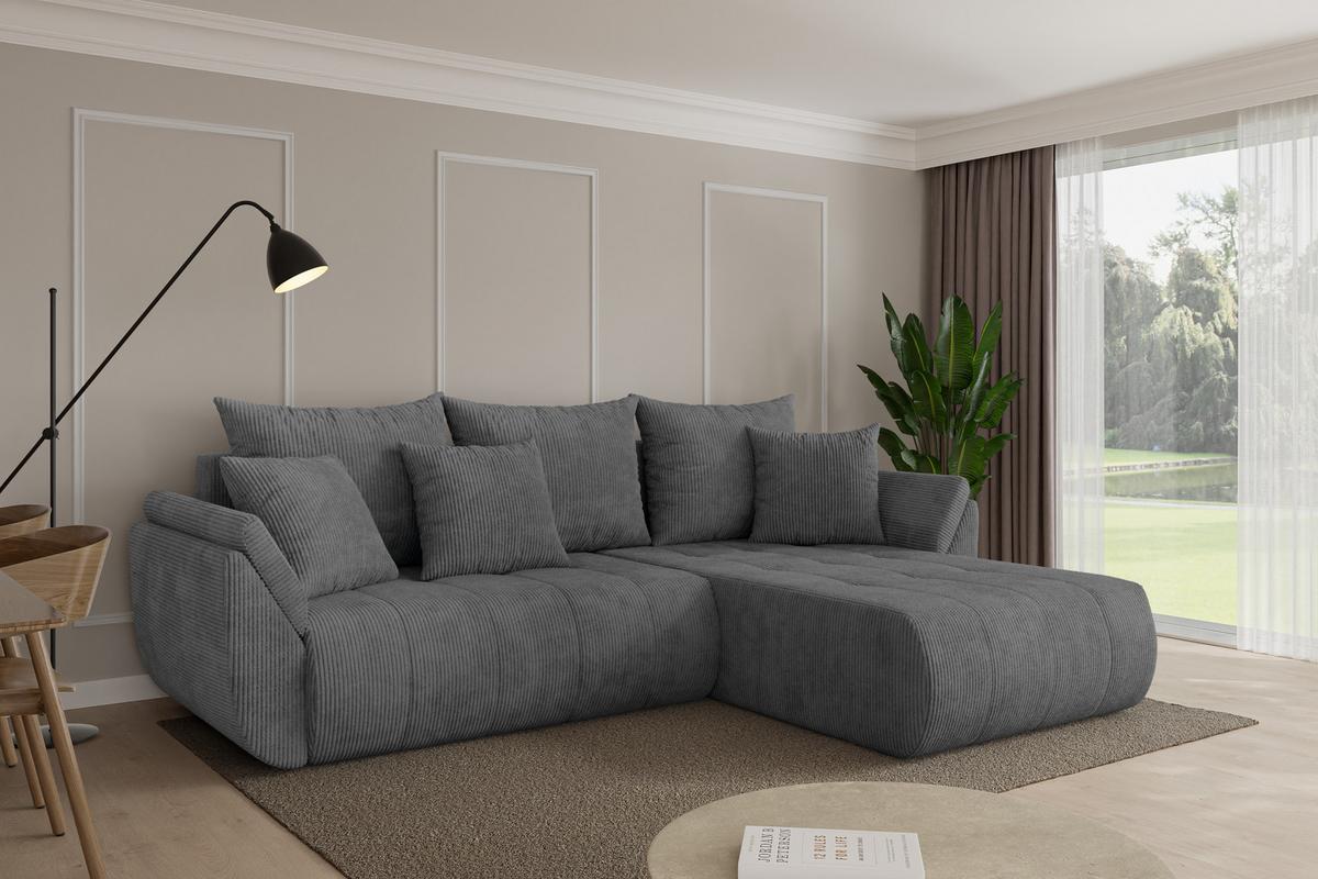 ECKSOFA mit Schlaffunktion Ottomane Rechts TOKO-L 277x194x86 Dunkelgrau Cord - Dunkelgrau/Schwarz, Holzwerkstoff/Kunststoff (277/194cm) - ALTDECOR