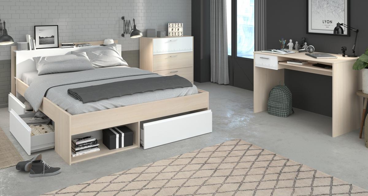 JUGENDZIMMER Akazie, weiß, Komplett-Set mit Stauraumbett 160x200, Schreibtisch, Kommode - Silberfarben/Weiß, Holzwerkstoff/Kunststoff (170/82/220cm) - Parisot Meuble