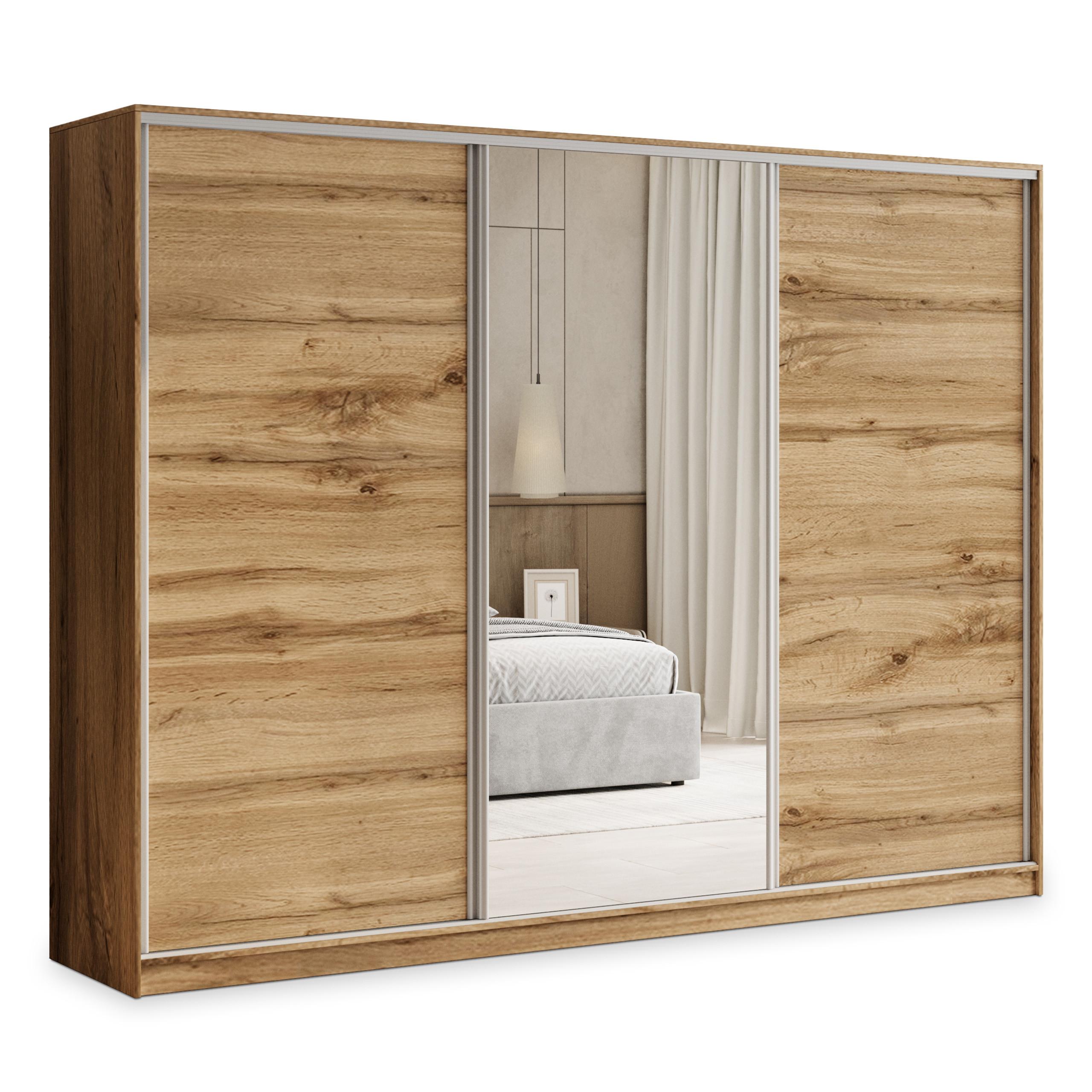 SCHWEBETÜRENSCHRANK TARI 270/205/58 cm 3-türig mit Spiegel und 4 Schubladen Eiche Wotan - Eiche Wotan, Holzwerkstoff (270/205/58cm) - MASSENO