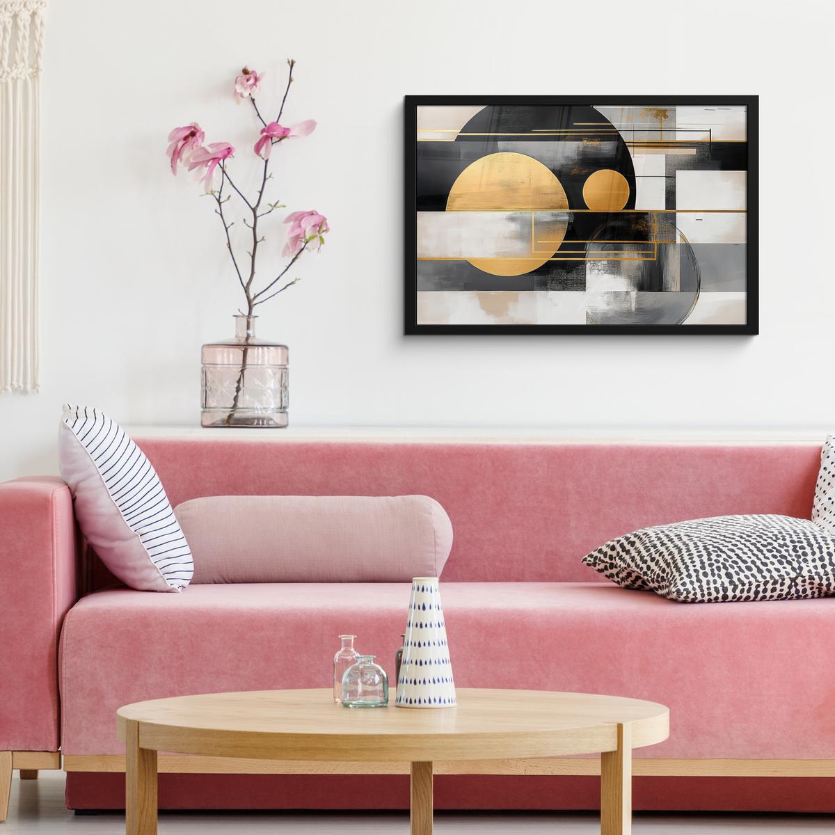 POSTER MIT RAHMENGERAHMTES BILD Abstrakt - Gold - Silber - Formen - Ästhetisch - Modern 60x40 cm - Goldfarben, Papier (60/40cm) - MuchoWow