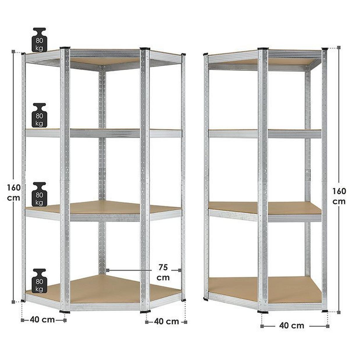 ECKREGAL Lagerregal Corner Easy verzinkt 160x75x75 cm - Silberfarben, Metall (80/160/40cm) - Juskys