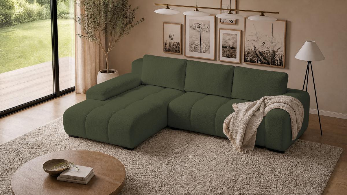 ECKSOFA Ovia mit Bettkasten und Schlaffunktion, Bouclé-Stoff in L-Form - Grün, Textil (270/185cm)