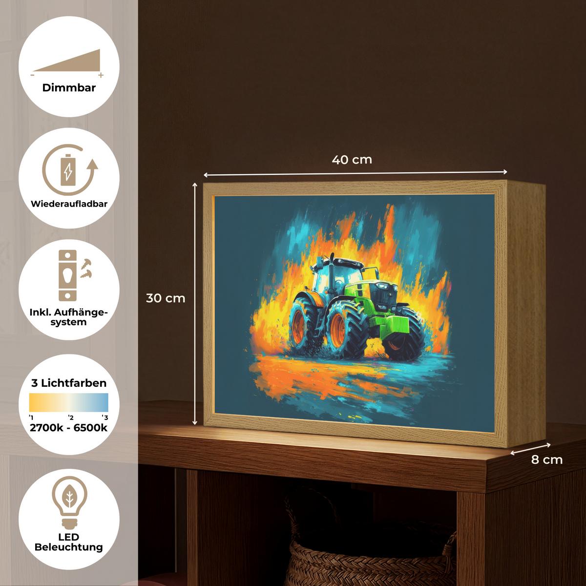 NACHTTISCHLAMPE MIT AKKU Abstrakt - Traktor - Grün 40x30 cm - Dunkelblau, Holzwerkstoff (8/40/30cm) - OnlyWow