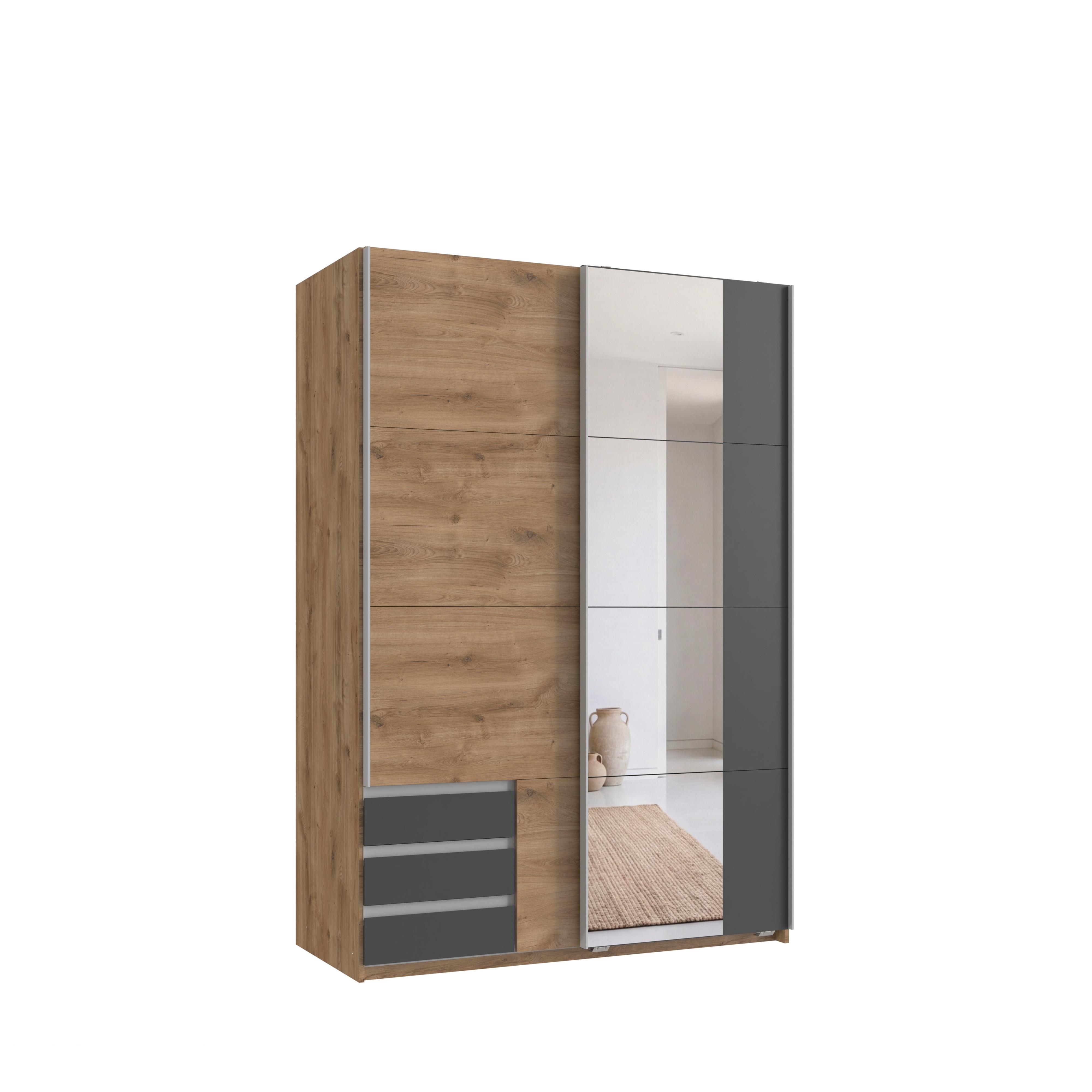 SCHWEBETÜRENSCHRANK 2-türig B135/H198/T65 cm, Kleiderschrank in Eiche Dekor mit Spiegel, 1x Tür & sichtbare Schubkästen in Grafit / 22678 - Eichefarben/Graphitfarben, Holz/Holzwerkstoff (135/198/65cm) - luma-home
