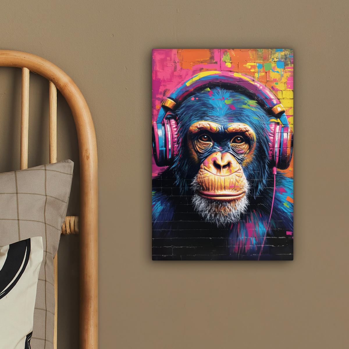 LEINWANDBILD Graffiti - Schimpanse - Straßenkunst - Kopfhörer - Affe Deko Wohnzimmer 20x30 cm - Blau, Textil (20/30cm) - MuchoWow