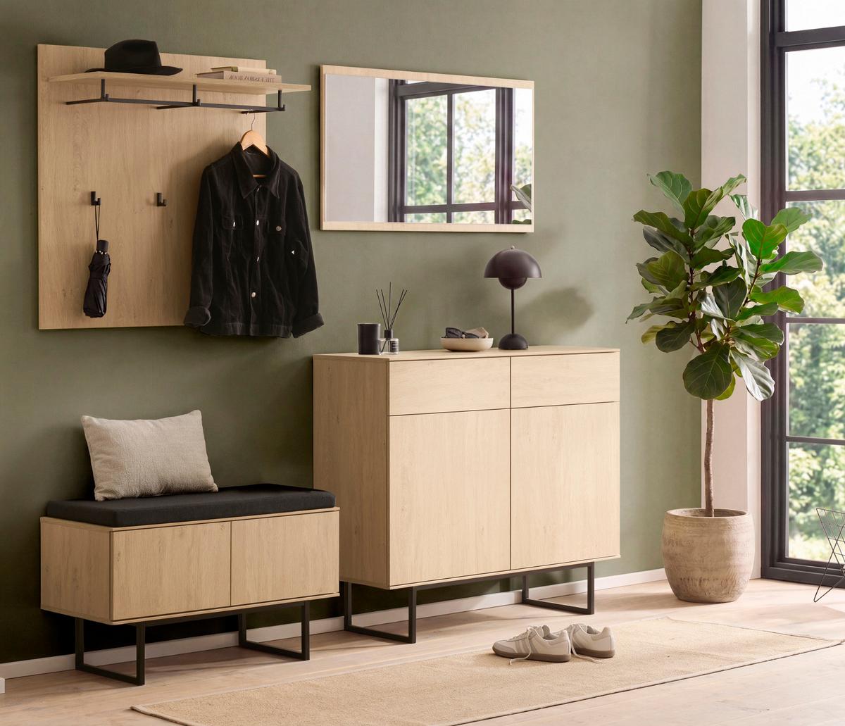 FLURKOMMODE Stone Eiche 115 x 98 cm, Schuhschrank mit Push-to-Open - Eichefarben/Schwarz, Holzwerkstoff/Metall (115/98/40cm) - Furn.Design