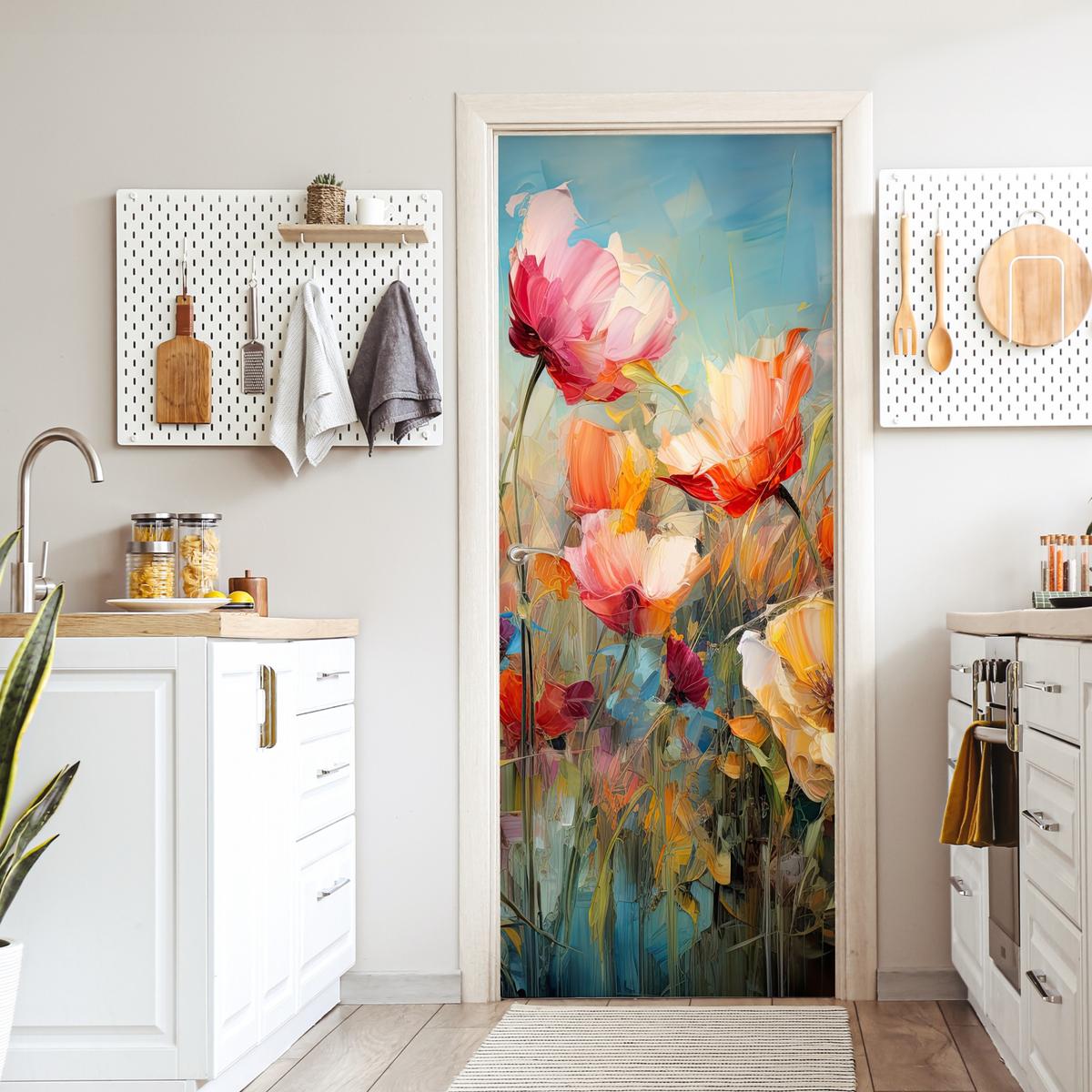 TÜRAUFKLEBER Selbstklebend - Blumen - Aquarell - Kunst - Botanisch - Natur 85x205 cm - Türtapete - Orange, Kunststoff (85/205cm) - MuchoWow