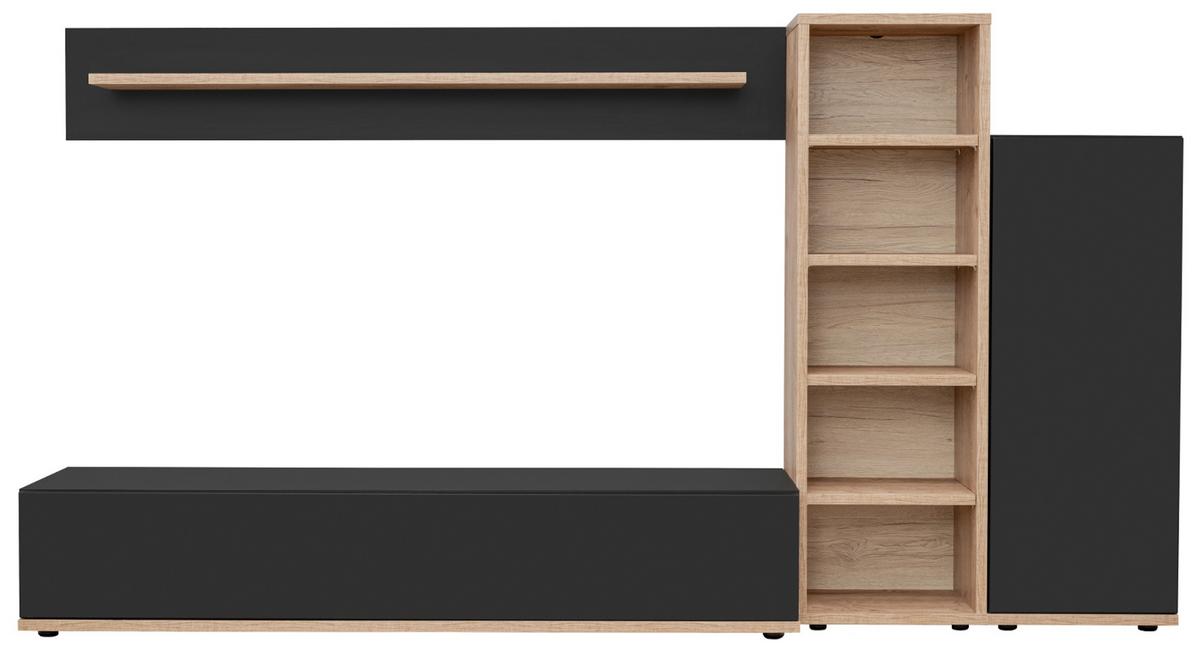 WOHNWAND schwarz, Ribbeck Eiche 240 cm, Schrankwand mit Push-to-Open - Eichefarben/Schwarz, Holzwerkstoff/Kunststoff (240/129/40cm) - Furn.Design