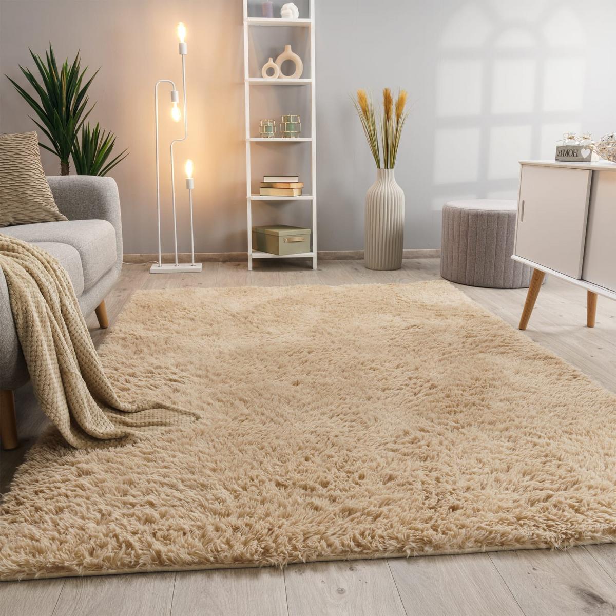 HOCHFLORTEPPICH, einfarbig, aus Polyester, Beige, 160 x 220 cm - Beige, Textil (220/160cm) - KADIMA DESIGN