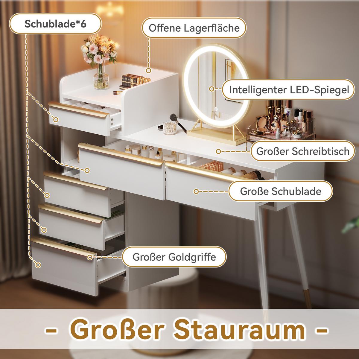 SCHMINKTISCH mit LED-Spiegel, 6 Schubladen & großem Stauraum - Weiß, Holzwerkstoff/Metall (100/102/42cm) - Urban Meuble