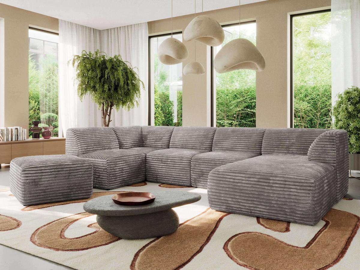 WOHNLANDSCHAFT MODARO U 6M - Hellbraun Cord - Rechts - Hellbraun/Schwarz, Textil (345/78/180cm) - MKS