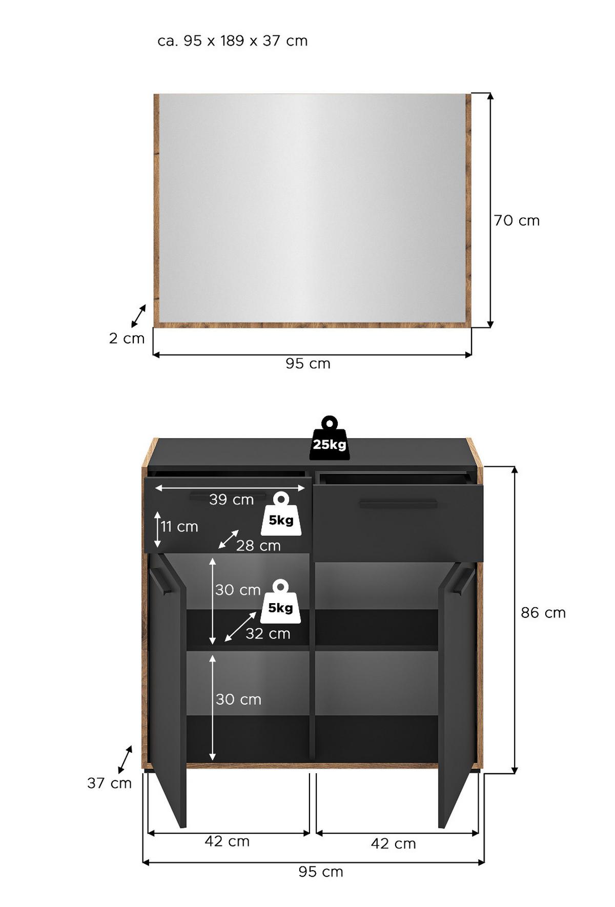 GARDEROBE-SET grau und Nox Eiche, Garderobenkombination 2-teilig, 95 x 189 cm, Salud - Dunkelgrau/Eichefarben, Holzwerkstoff/Kunststoff (95/189/37cm) - Inn.Furn