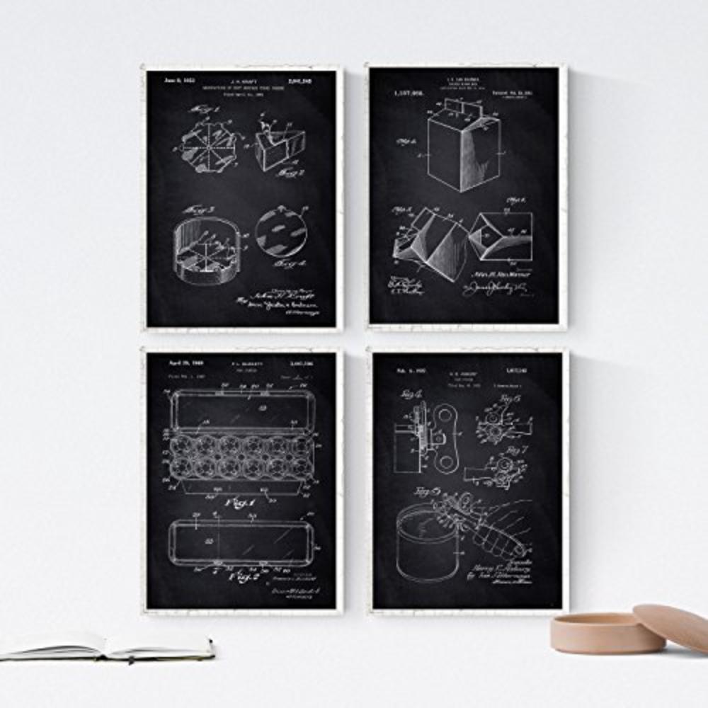 POSTER Set mit 4 Schwarz PATENTEN von Lebensmitteln A4 Schwarzer Rahmen - Schwarz, Papier (29.7/3cm) - Nacnic