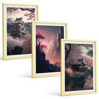 BILDER SET 3er Set - 40x60 cm Goldrahmen - Fantasielandschaften der japanischen Berge - Goldfarben, Kunststoff (40/60cm) - TULUP