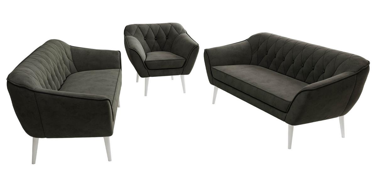 SITZGARNITUR PIRS 3+3+1 - Dunkelgrau Velvet - Weiße Beine - Dunkelgrau/Weiß, Holzwerkstoff/Textil (180/75/74cm) - MKS