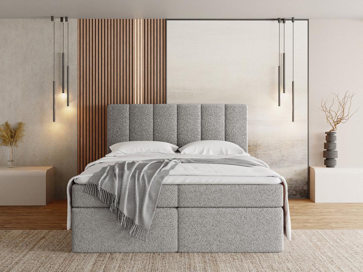 BOXBETT Amira mit Bettkasten, Boucle Grau 200/200 cm – 7-Zonen Taschenfederkern-Matratze & Komfortschaum-Topper - Hellgrau/Schwarz, Holz/Holzwerkstoff (200/200cm) - WFL GROUP