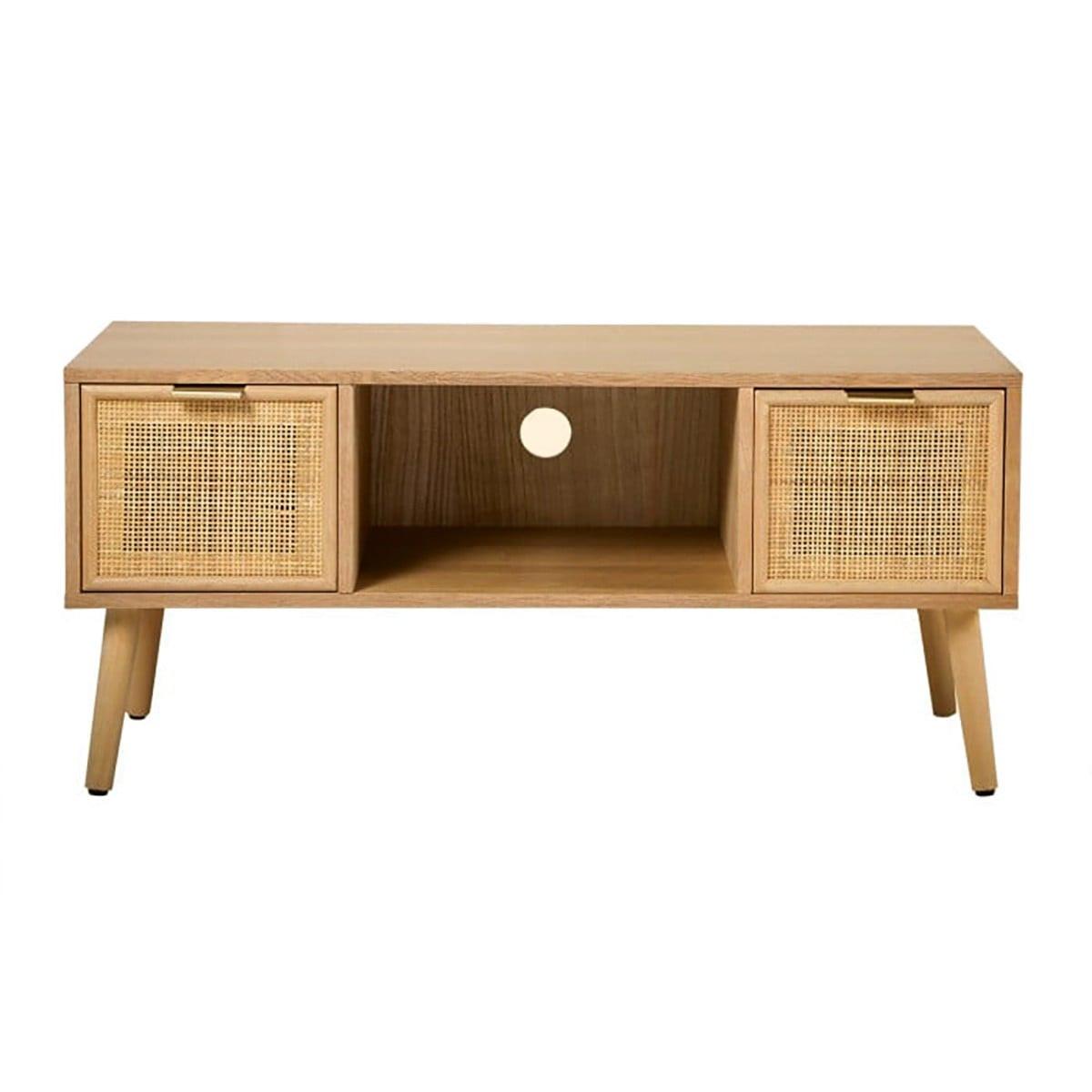 TV-MÖBEL mit 2 Schubladen Vorderseite aus Rattan - L100 cm - Eschefarben, Holzwerkstoff (42/45/45cm) - Calicosy