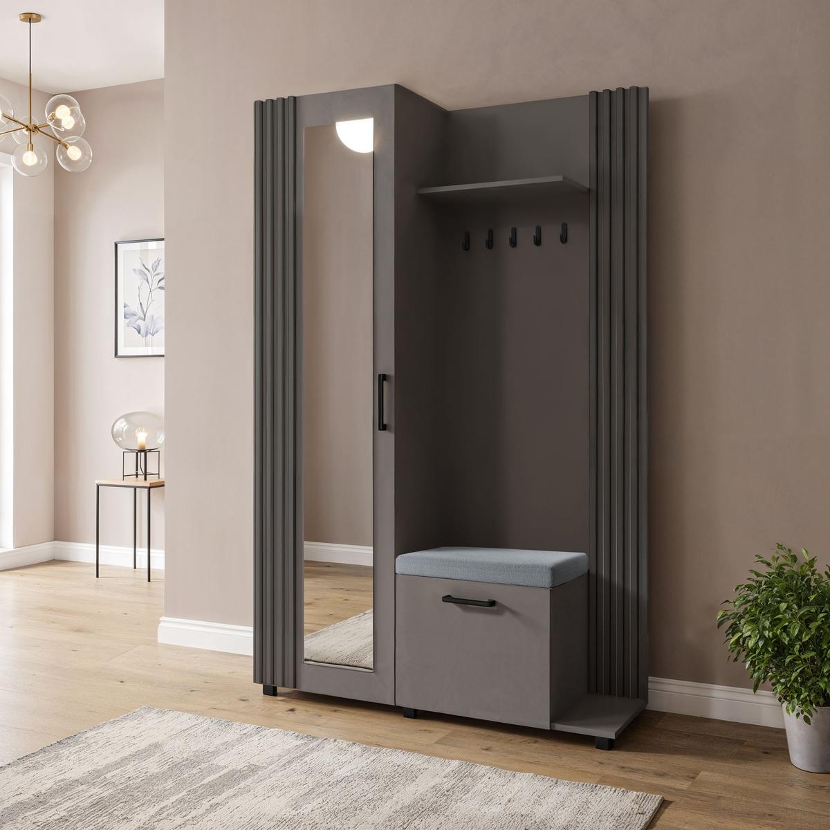 GARDEROBE Linaro mit Spiegel, Sitzbank in Lamellen-Optik 137/207/42 cm, Rechts - Dunkelgrau/Schwarz, Holzwerkstoff (137/207/42cm) - WFL GROUP