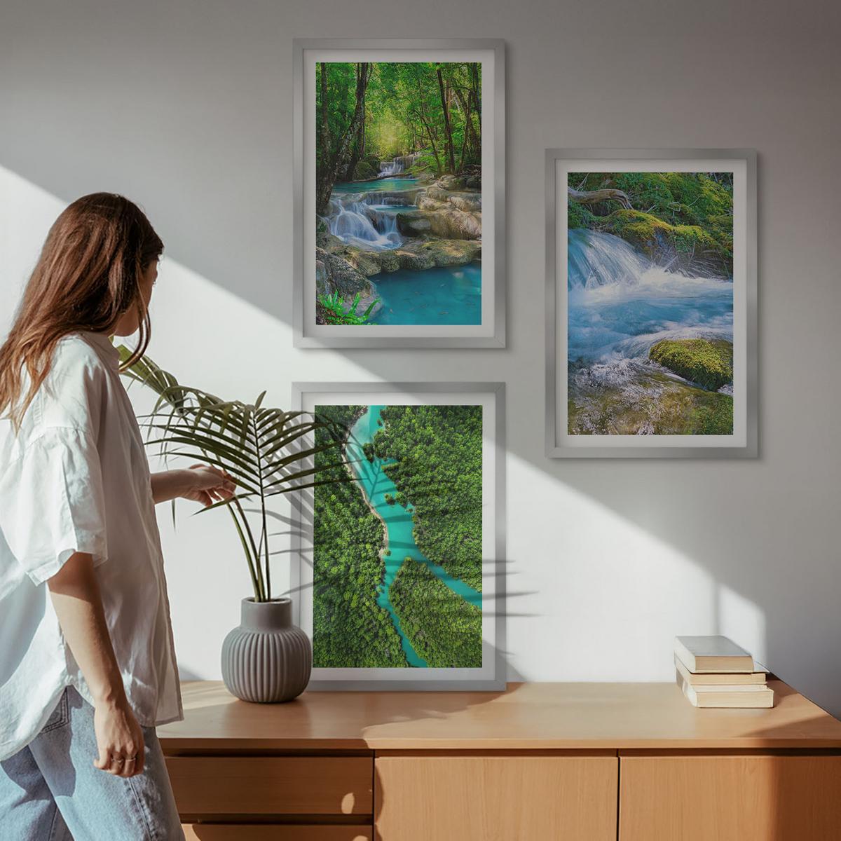 BILDER SET 3er Set - 40x60 cm Silberner Rahmen - Grüne Wälder, kristallklares Wasser - Silberfarben, Kunststoff (40/60cm) - TULUP