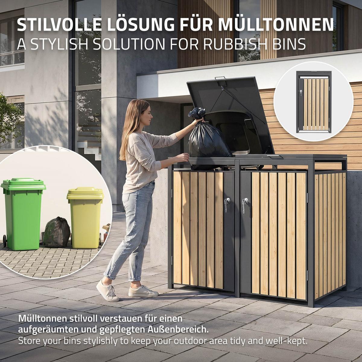 MÜLLTONNENBOX 3er Anthrazit-Holzoptik - Naturfarben, Metall (200/120/80cm) - ML-DESIGN