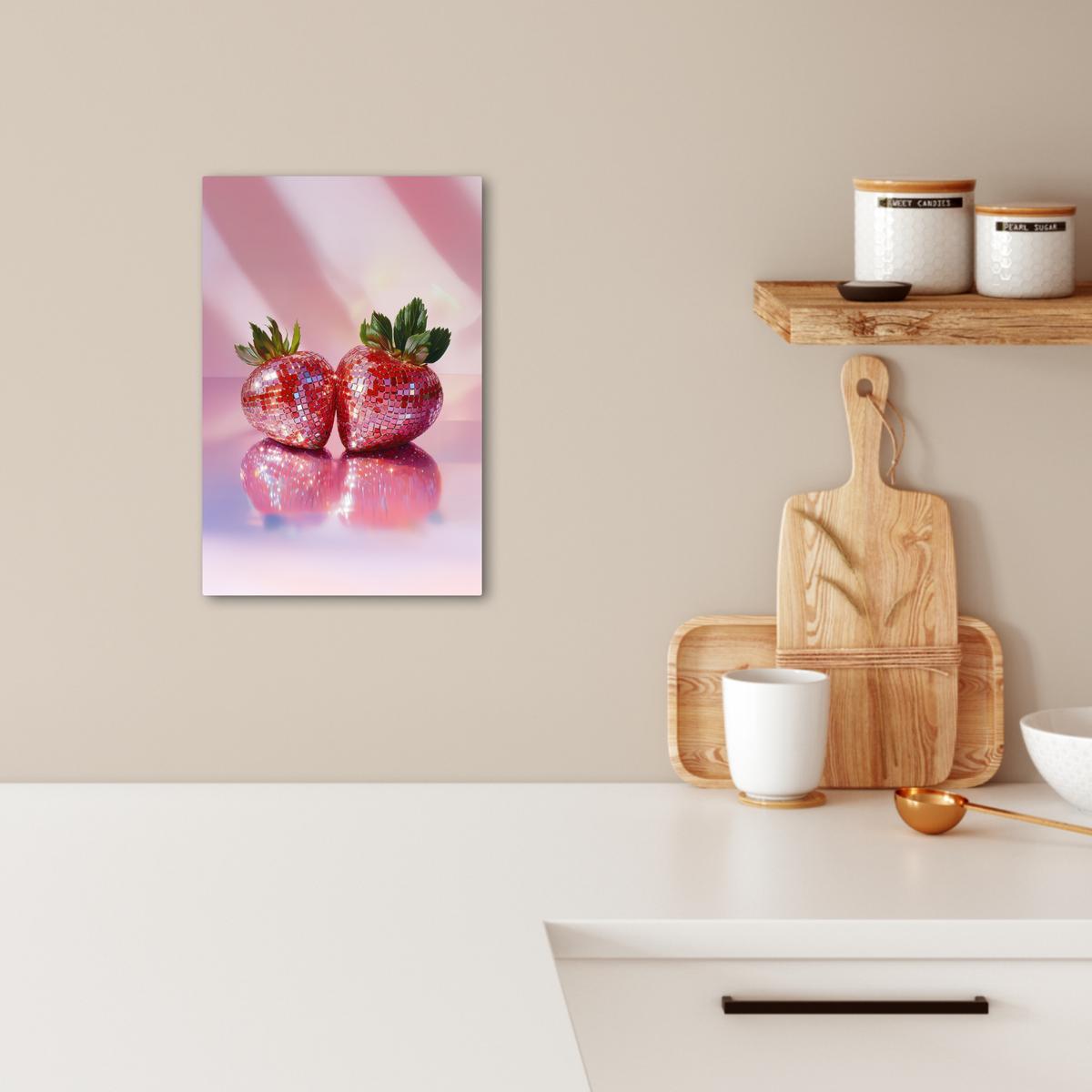 LEINWANDBILD Disco - Obst - Glitzer - Erdbeere Deko Wohnzimmer 20x30 cm - Pink, Textil (20/30cm) - MuchoWow