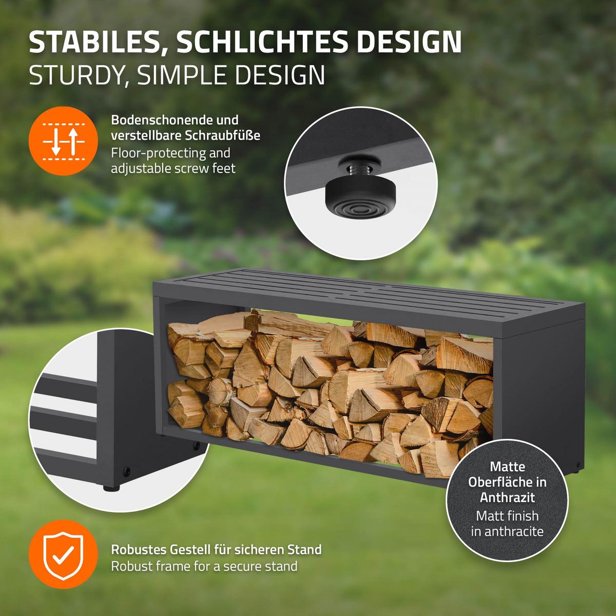 KAMINHOLZREGAL Innen/Aussen mit Sitzbank Metall Brennholzregal Anthrazit 120x38x43 cm Stahl Verzinkt Schlicht - Anthrazit, Metall (120/43/38cm) - ML-DESIGN