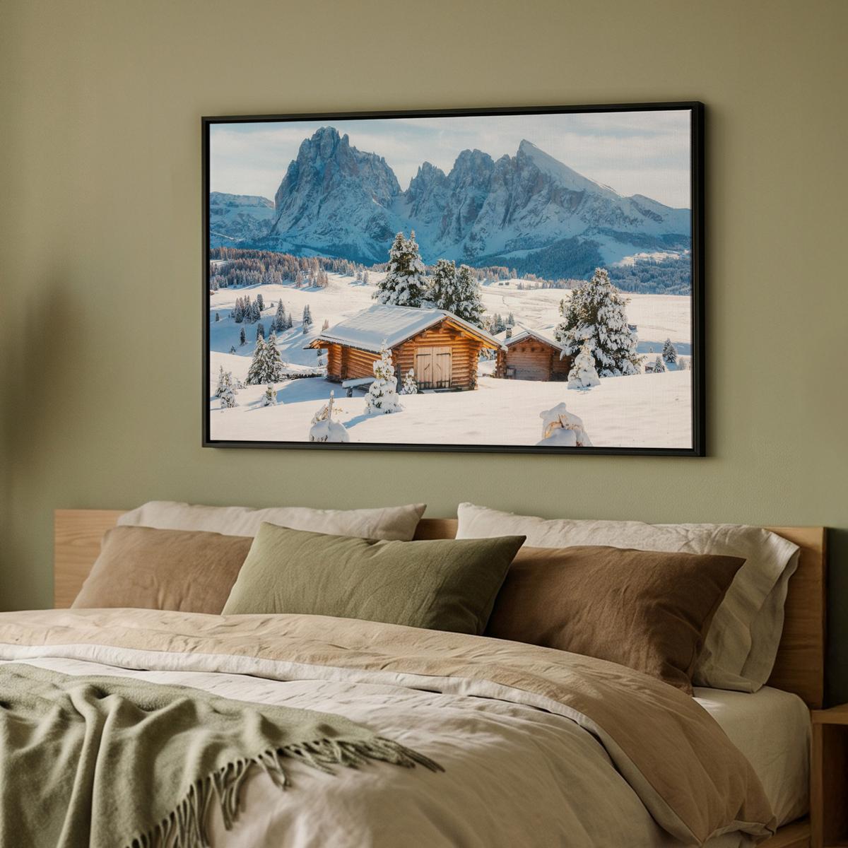 LEINWAND Bilder mit Rahmen - Winter - Hütte - Berge - Aussicht - Schnee - 90x60 - Eichefarben, Textil (90/60cm) - MuchoWow