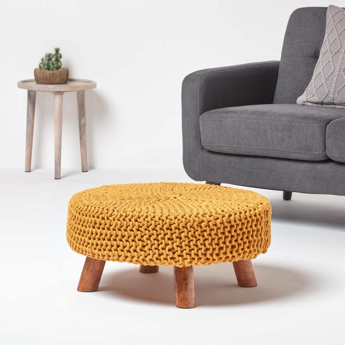 STRICK-HOCKER senfgelb, rund 62/62/30 cm - Currygelb, Textil (62/30/62cm) - Homescapes
