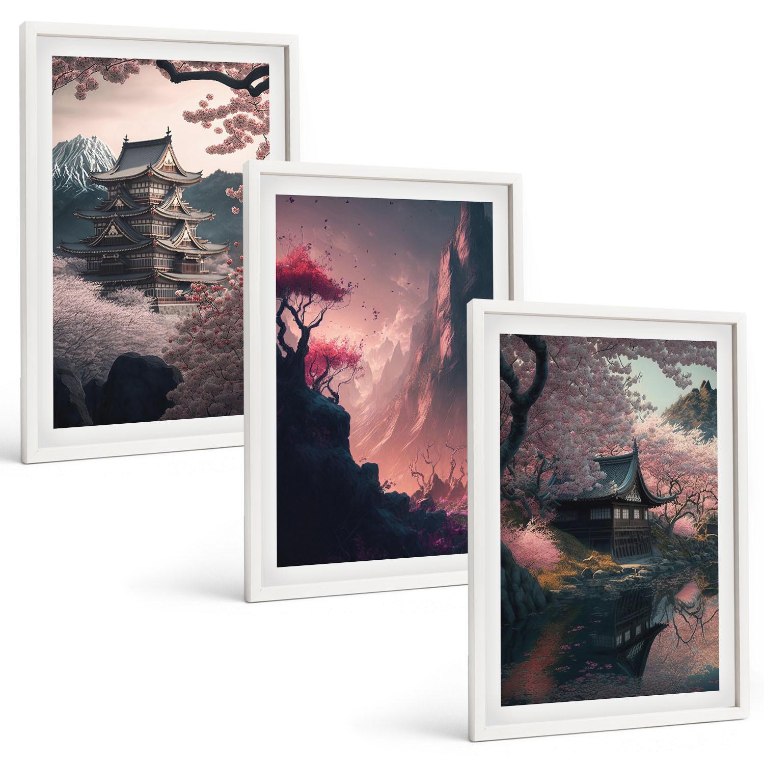 BILDER SET 3er Set - 40x60 cm Weißer Rahmen - Fantasielandschaften der japanischen Berge - Weiß, Kunststoff (40/60cm) - TULUP