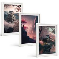 BILDER SET 3er Set - 40x60 cm Weißer Rahmen - Fantasielandschaften der japanischen Berge - Weiß, Kunststoff (40/60cm) - TULUP